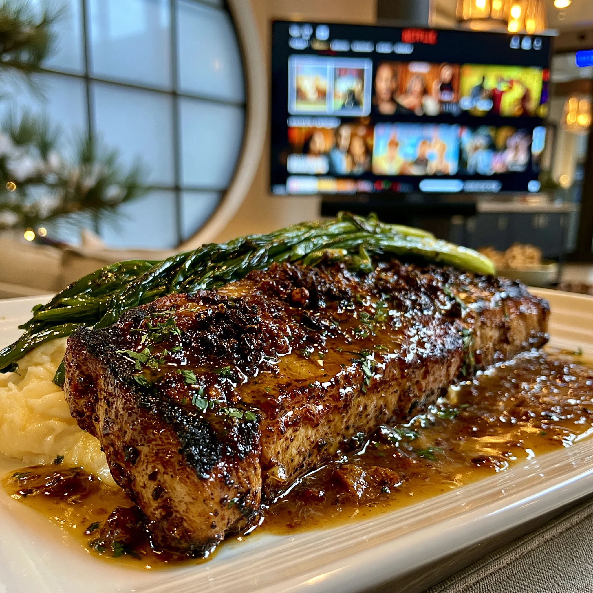 Charred Ramp and Cracked Sichuan Peppercorn-Crusted New York Strip with Smoked Garlic Butter