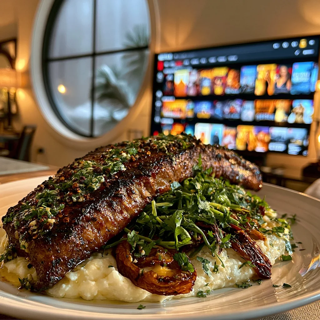 Charred Ramp and Cracked Sichuan Peppercorn-Crusted New York Strip with Smoked Herb Butter