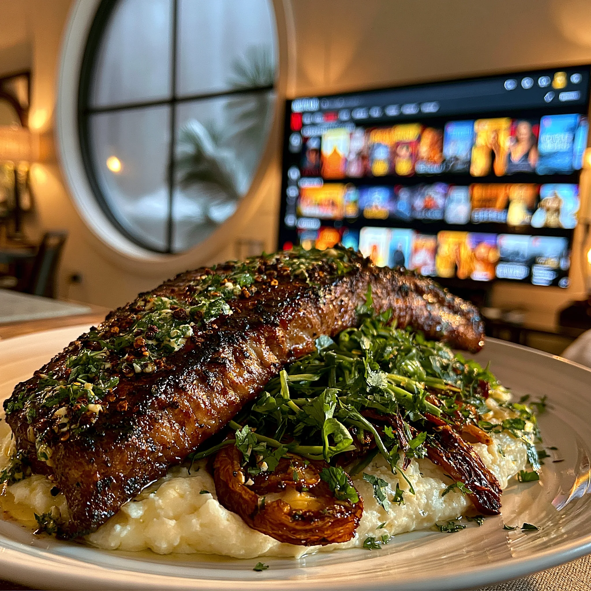 Charred Ramp and Cracked Sichuan Peppercorn-Crusted New York Strip with Smoked Herb Butter