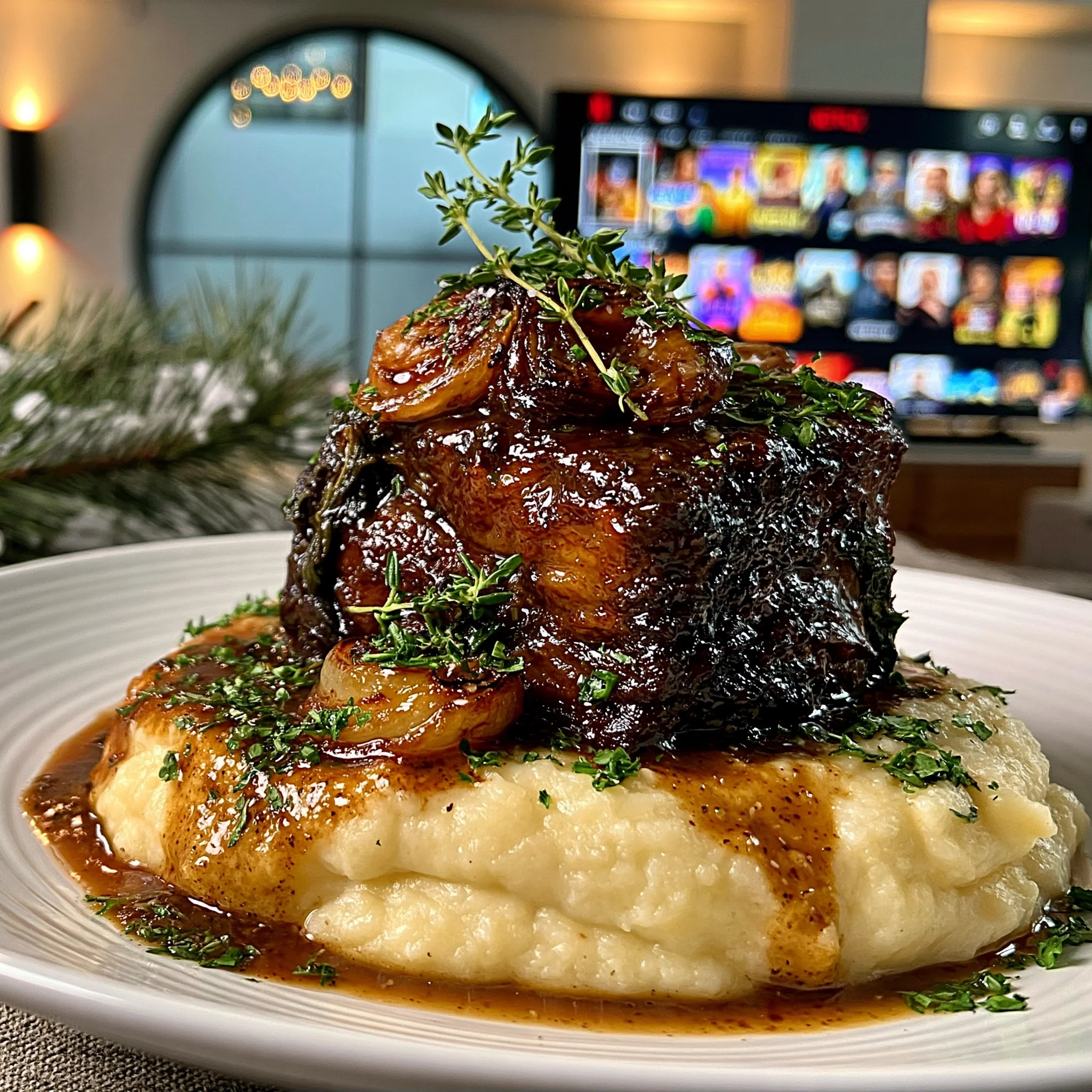 Charred Red Onion and Wild Savory-Glazed Braised Lamb Shoulder with Velvety Turnip Pan Gravy