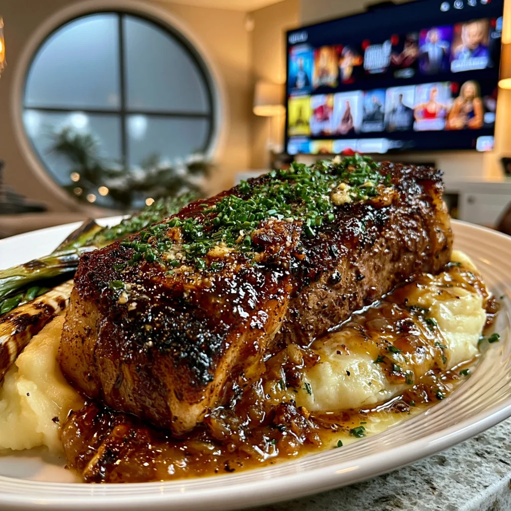 Charred Scallion and Roasted Garlic-Crusted New York Strip with Smoked Sea Salt Butter