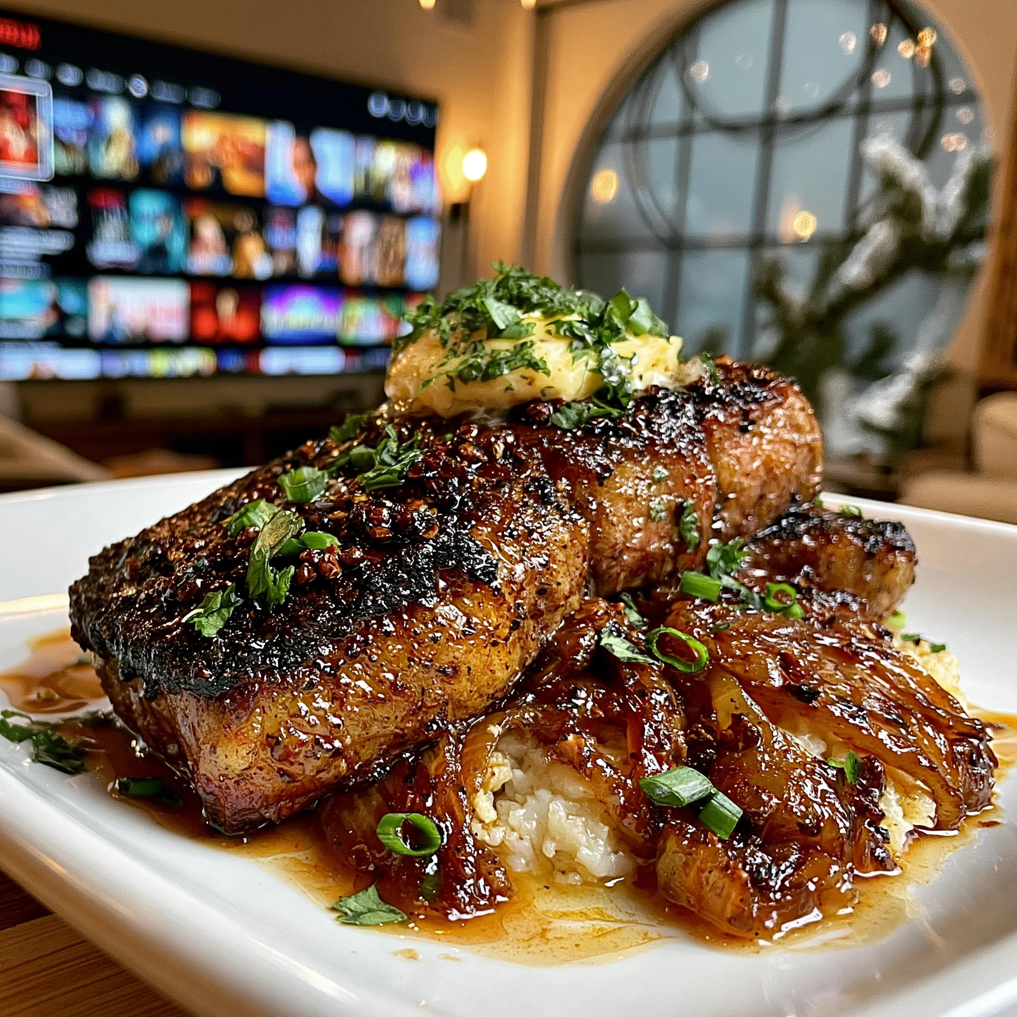 Charred Shallot and Cracked Sichuan Peppercorn-Crusted New York Strip with Herb-Infused Compound Butter