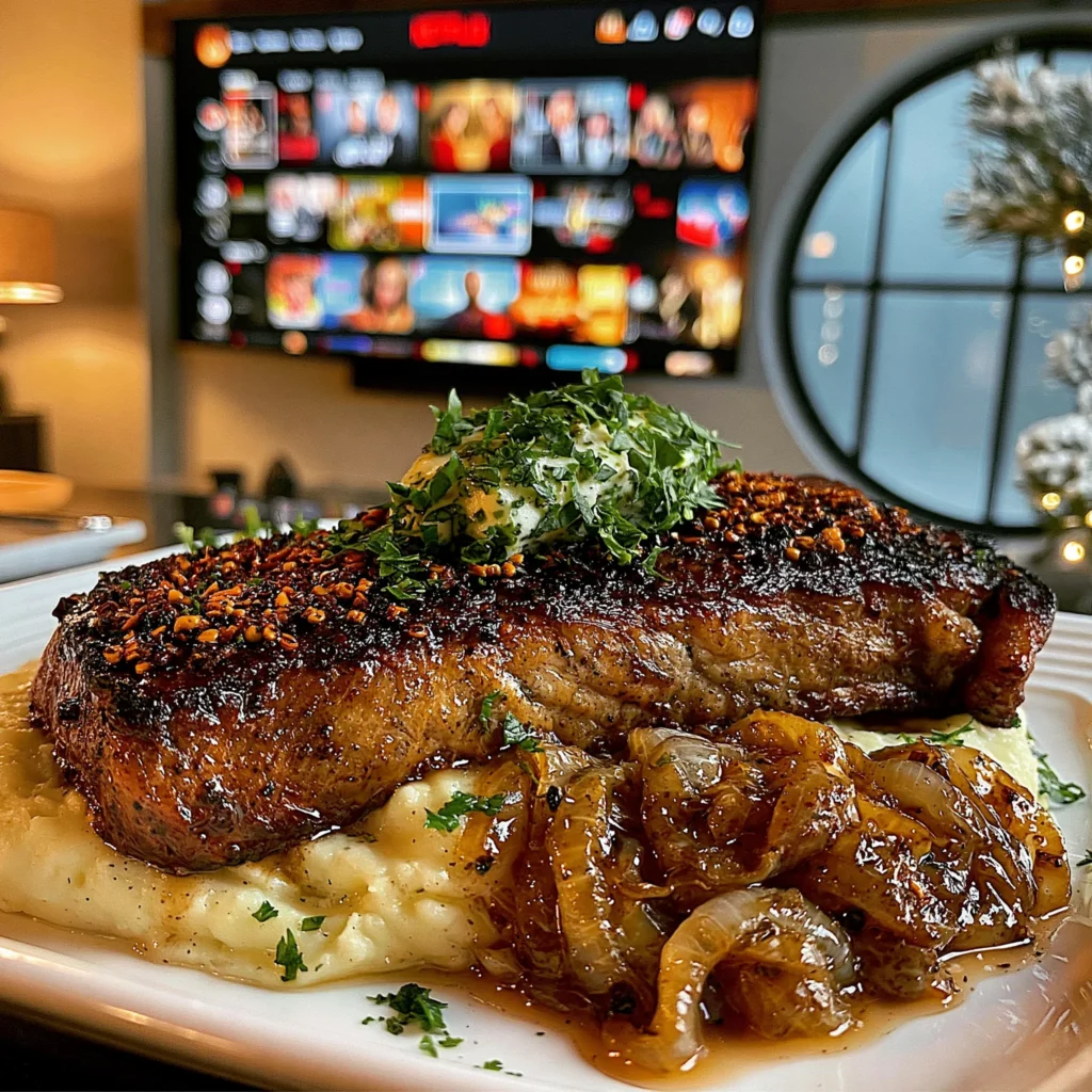 Charred Shallot and Cracked Szechuan Peppercorn-Crusted New York Strip with Herb-Infused Compound Butter