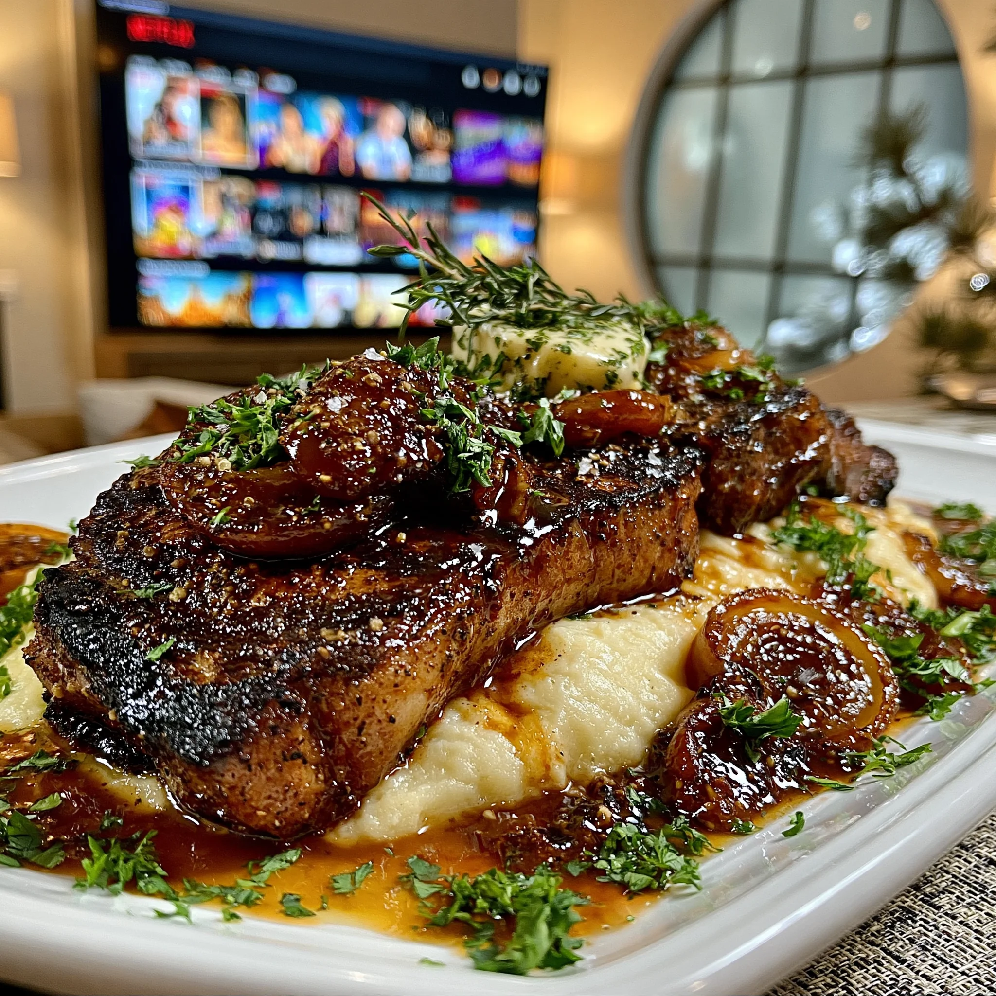 Charred Shallot and Cracked White Peppercorn-Crusted New York Strip with Herb-Infused Compound Butter