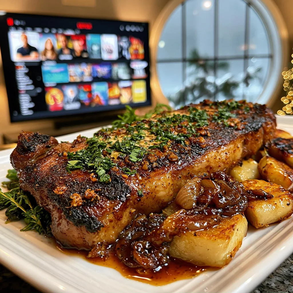 Charred Shallot and Roasted Garlic-Crusted New York Strip with Smoked Herb Butter