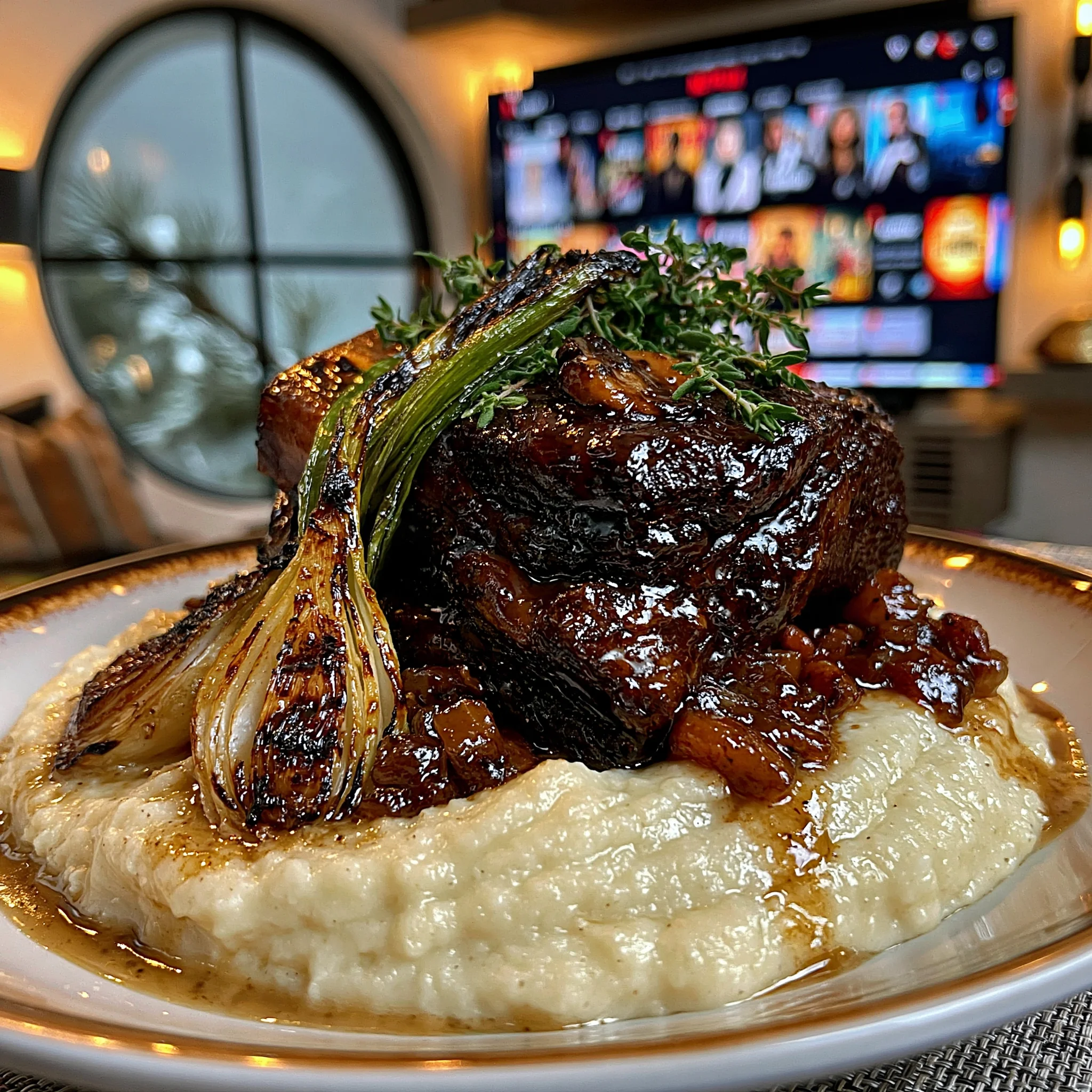 Charred Spring Onion and Wild Thyme-Glazed Braised Lamb Shoulder with Velvety Parsnip Gravy