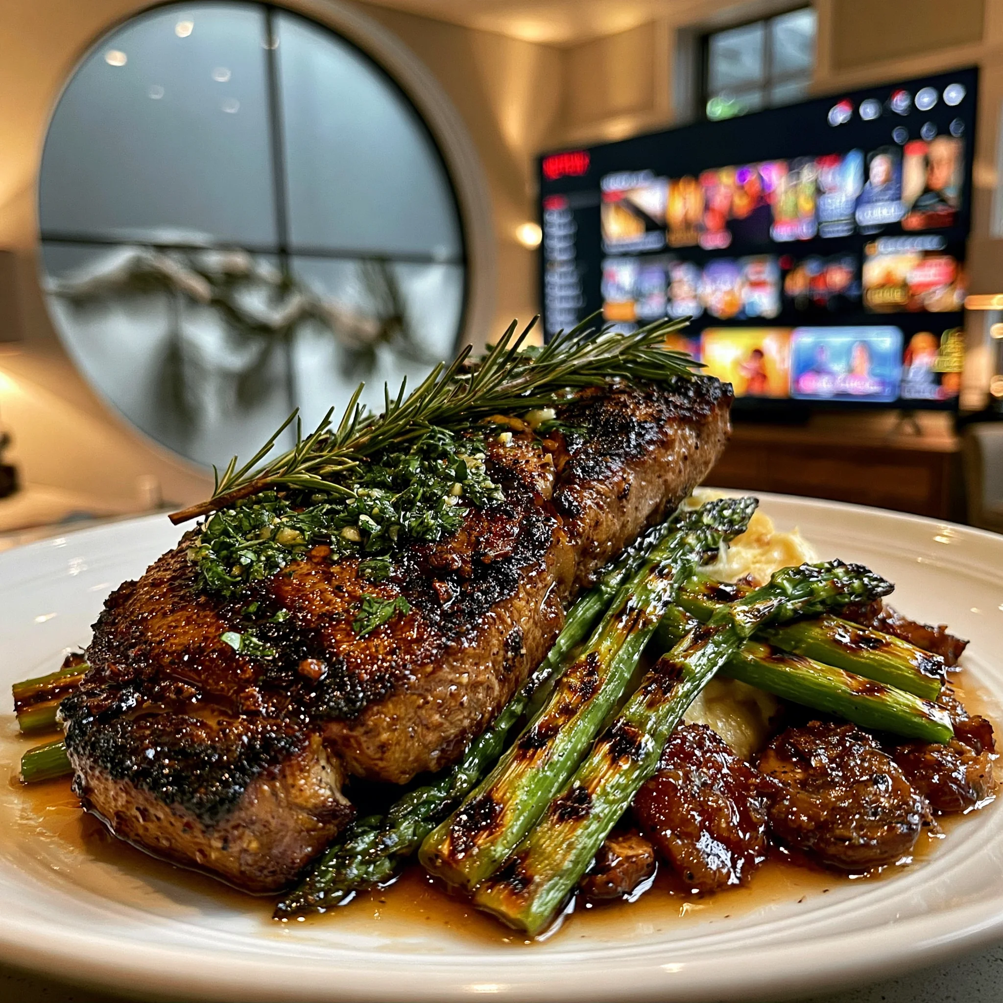 Charred Spring Scallion and Cracked Allspice-Crusted New York Strip with Fire-Roasted Herb Butter