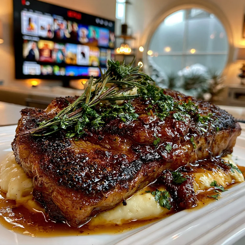 Cracked Green Peppercorn and Toasted Coriander-Crusted New York Strip with Herb Confit Butter