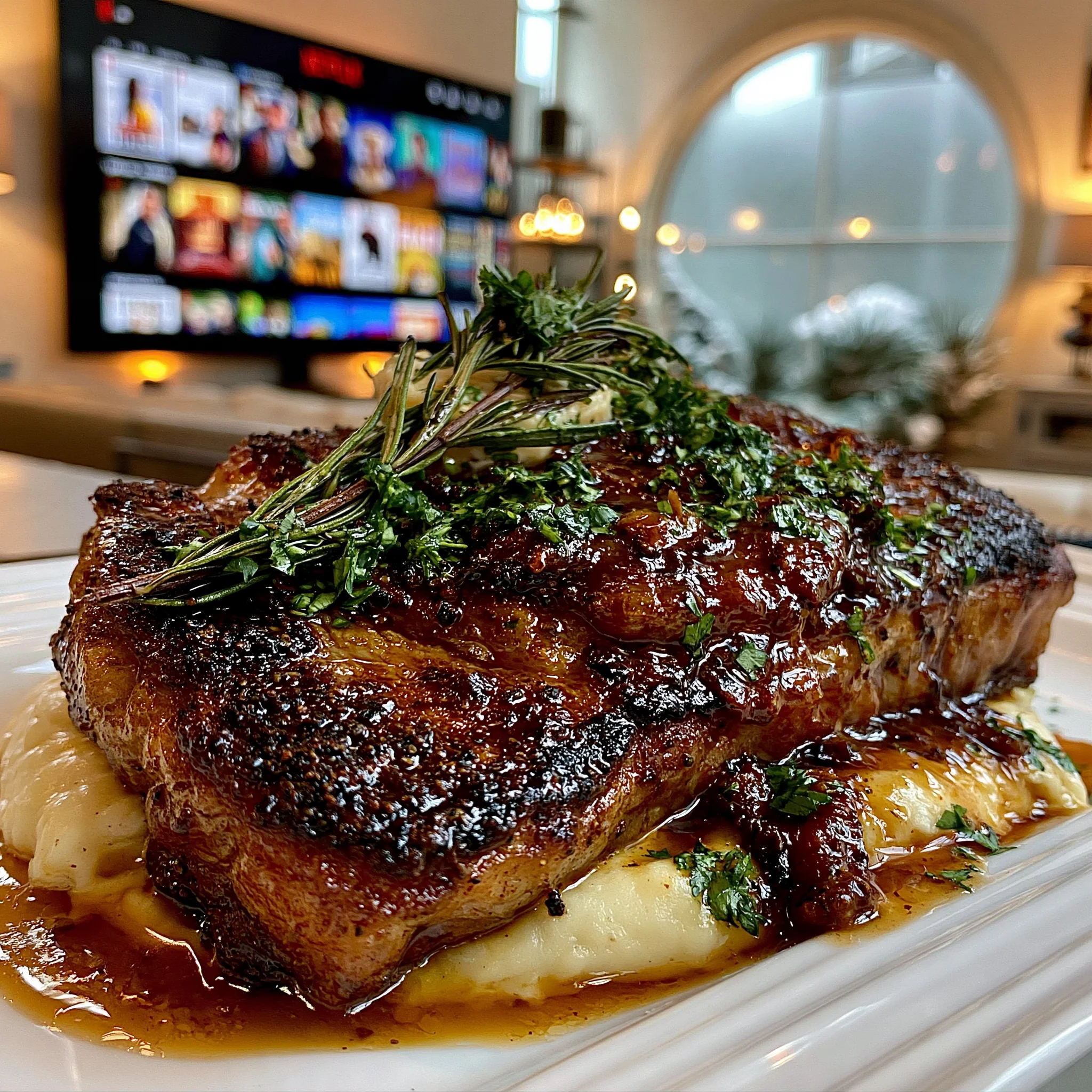 Cracked Green Peppercorn and Toasted Coriander-Crusted New York Strip with Herb Confit Butter
