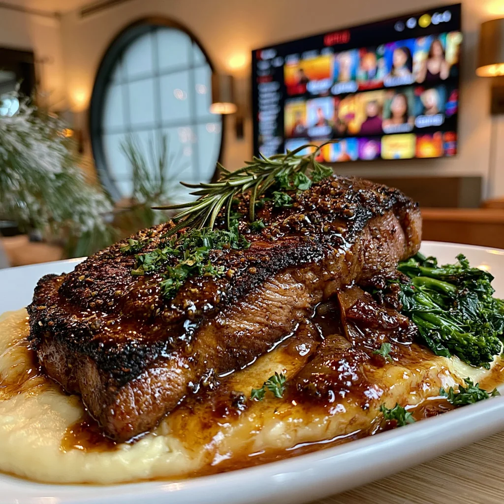 Cracked Green Peppercorn and Toasted Cumin-Crusted New York Strip with Black Garlic Butter