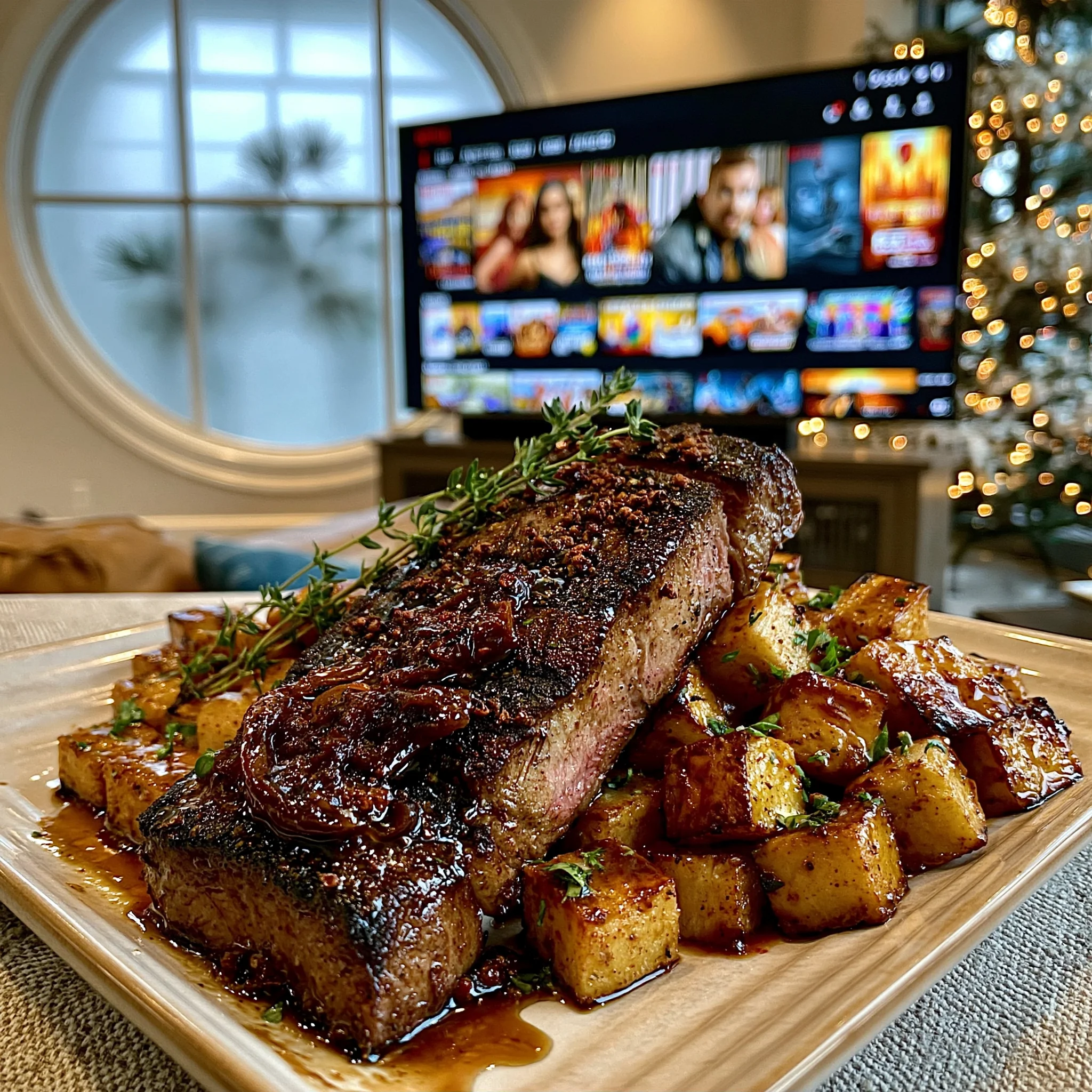 Cracked Pink Peppercorn and Toasted Coriander-Crusted New York Strip with Black Garlic Butter