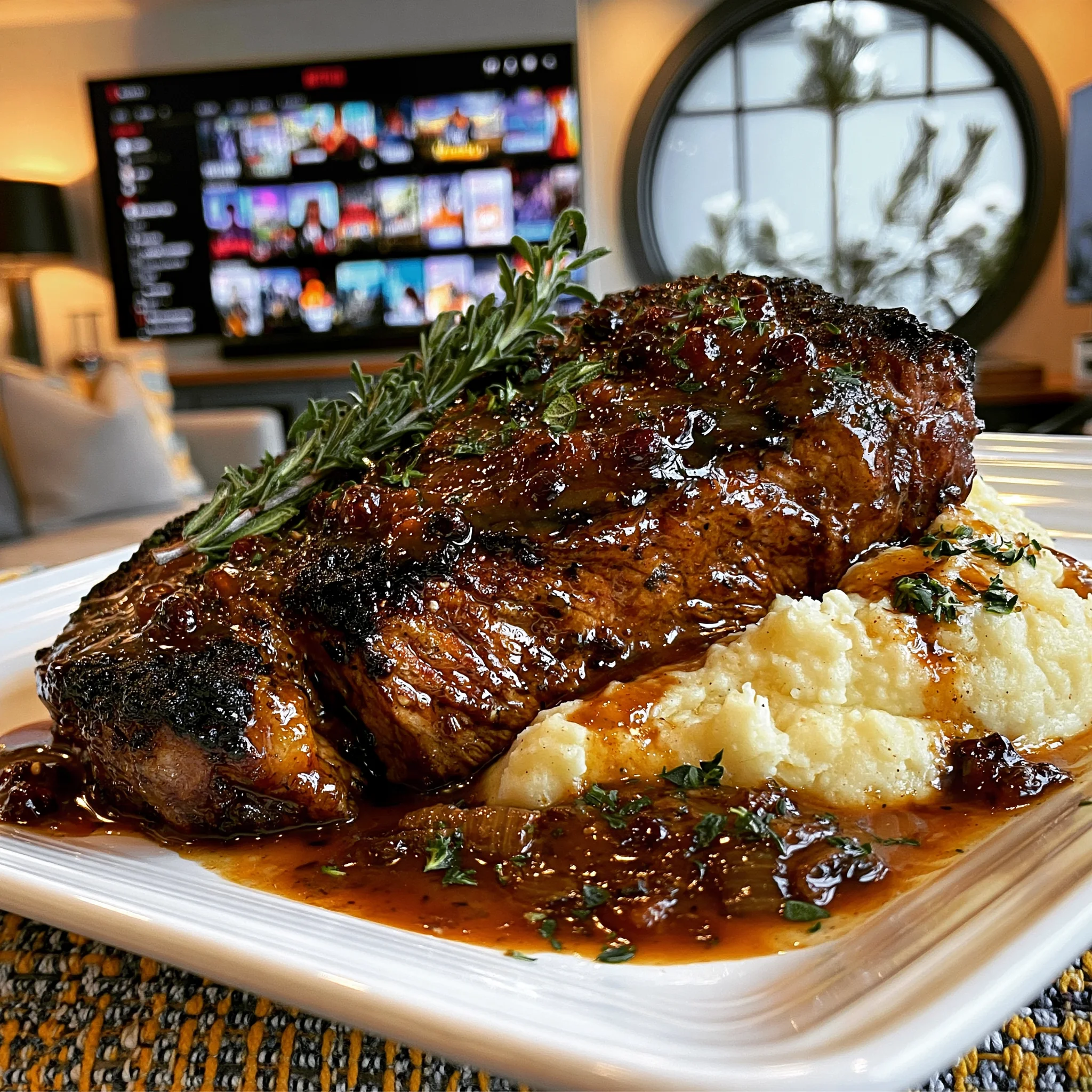 Date-Molasses-Glazed Crushed Juniper Berry and Wild Sage-Crusted New York Strip with Silky Roasted Red Pepper and Black Garlic Pan Gravy