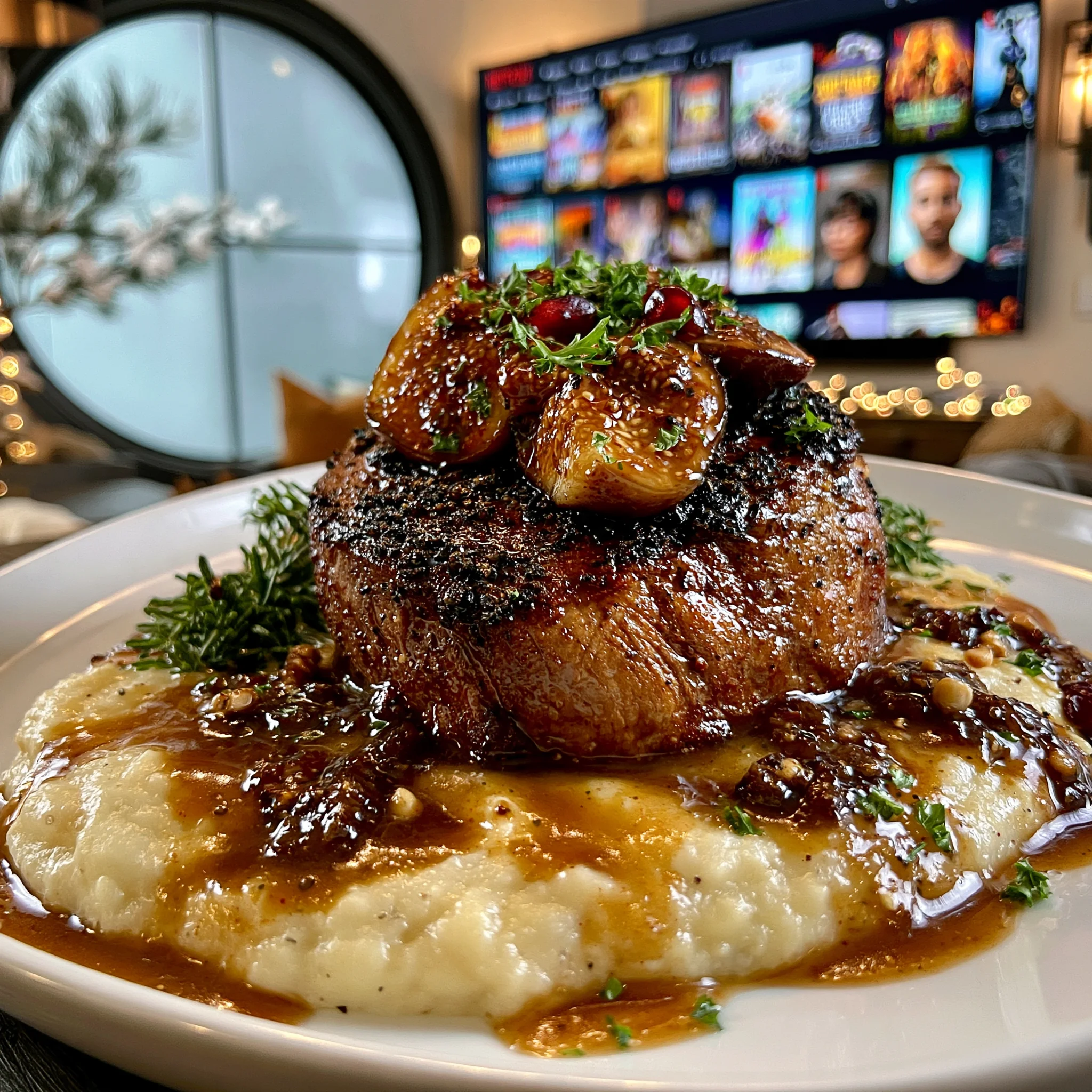 Fig-Syrup-Glazed Smoked Paprika and Cracked Black Cardamom-Crusted Beef Tenderloin with Silky Pomegranate and Toasted Pine Nut Pan Gravy