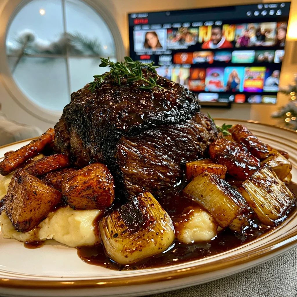 Fire-Roasted Leek and Smoked Marjoram-Crusted Beef Chuck Roast with Velvety Balsamic Gravy