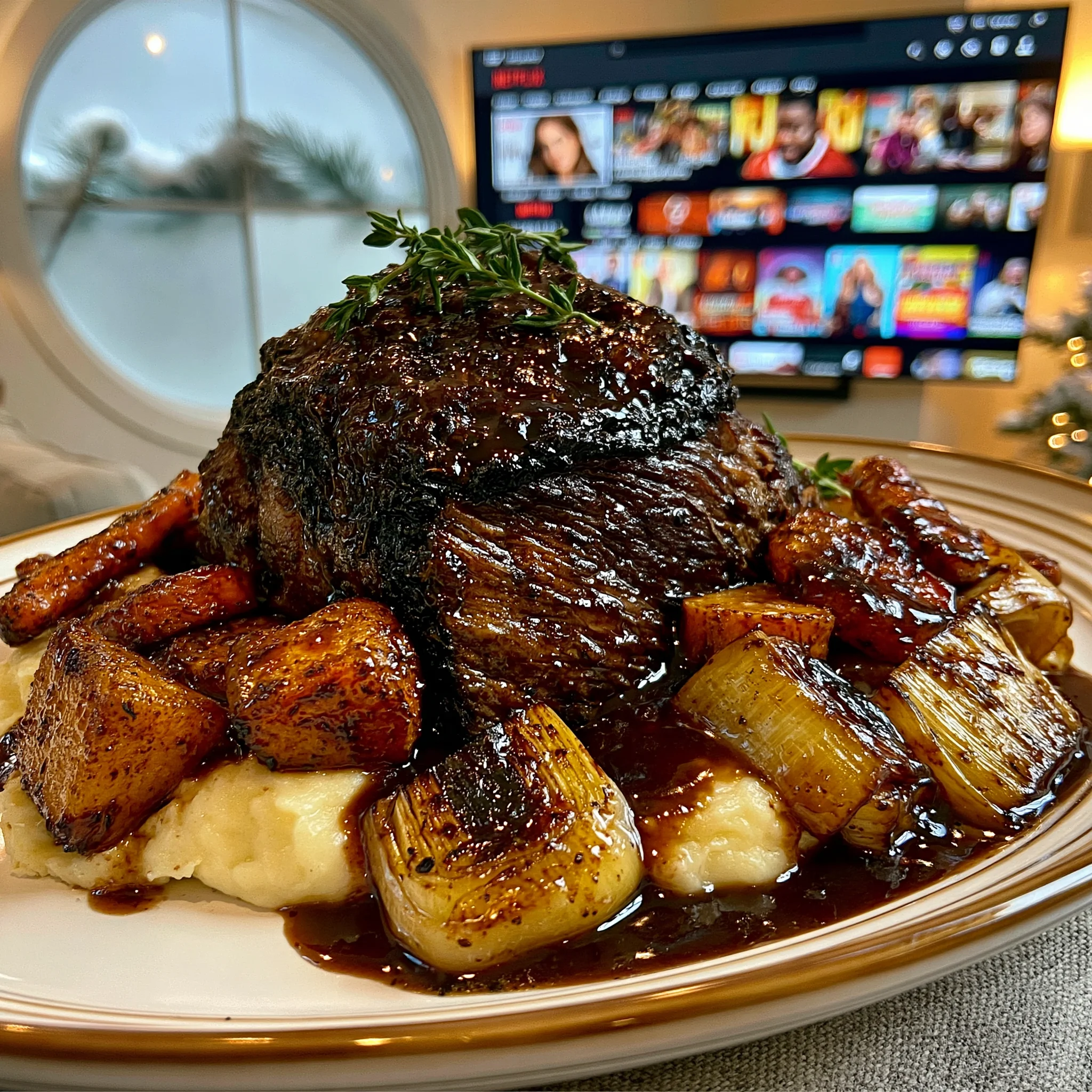 Fire-Roasted Leek and Smoked Marjoram-Crusted Beef Chuck Roast with Velvety Balsamic Gravy