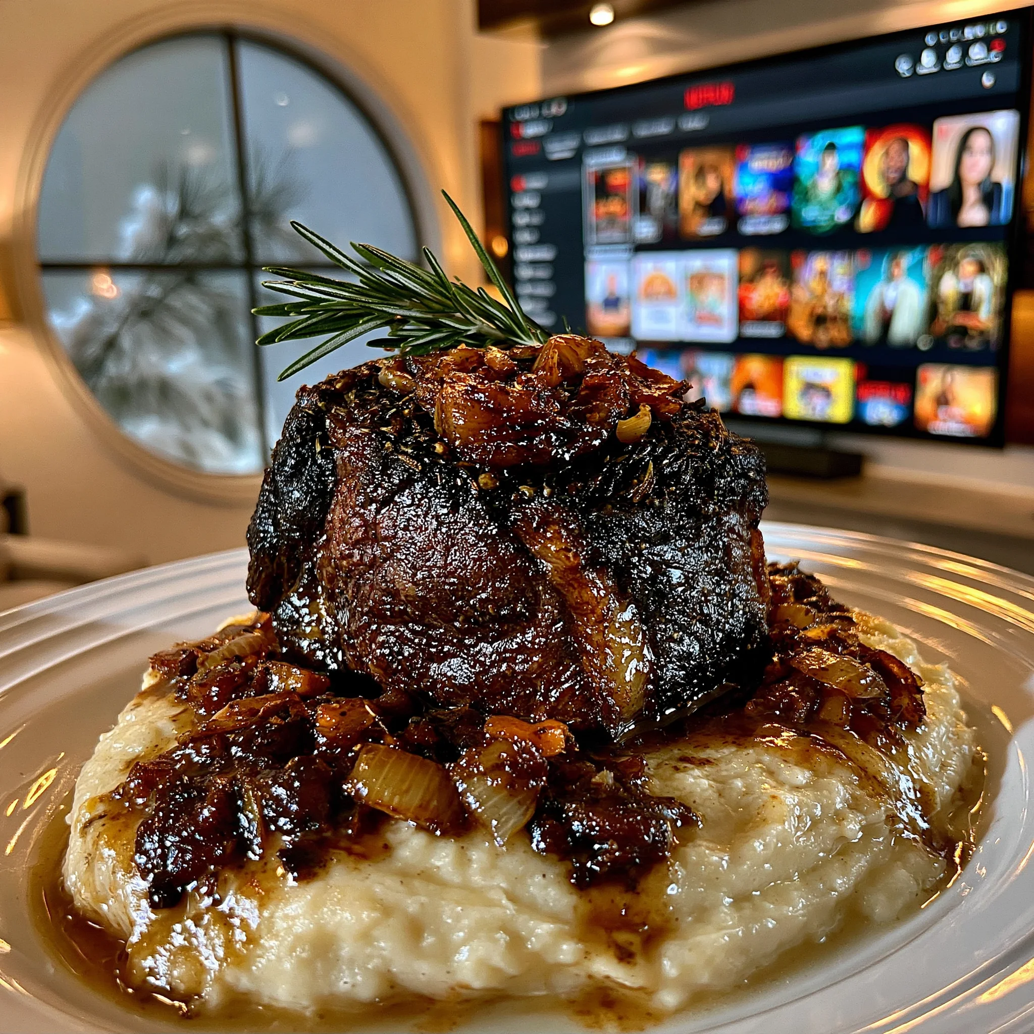 Fire-Roasted Shallot and Smoked Rosemary-Crusted Beef Chuck Roast with Velvety Root Vegetable Gravy