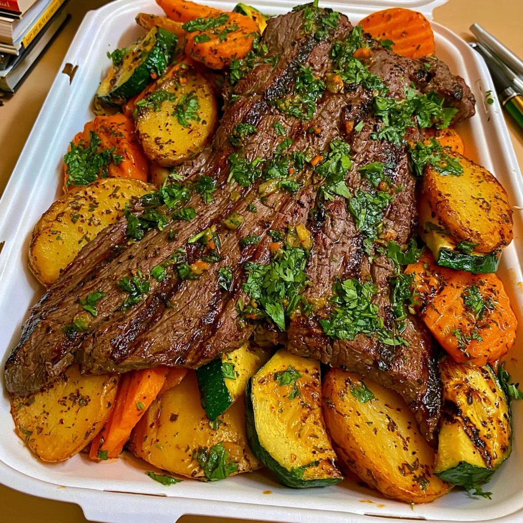 Grilled Chimichurri Flank Steak with Herb-Roasted Potatoes & Charred Zucchini
