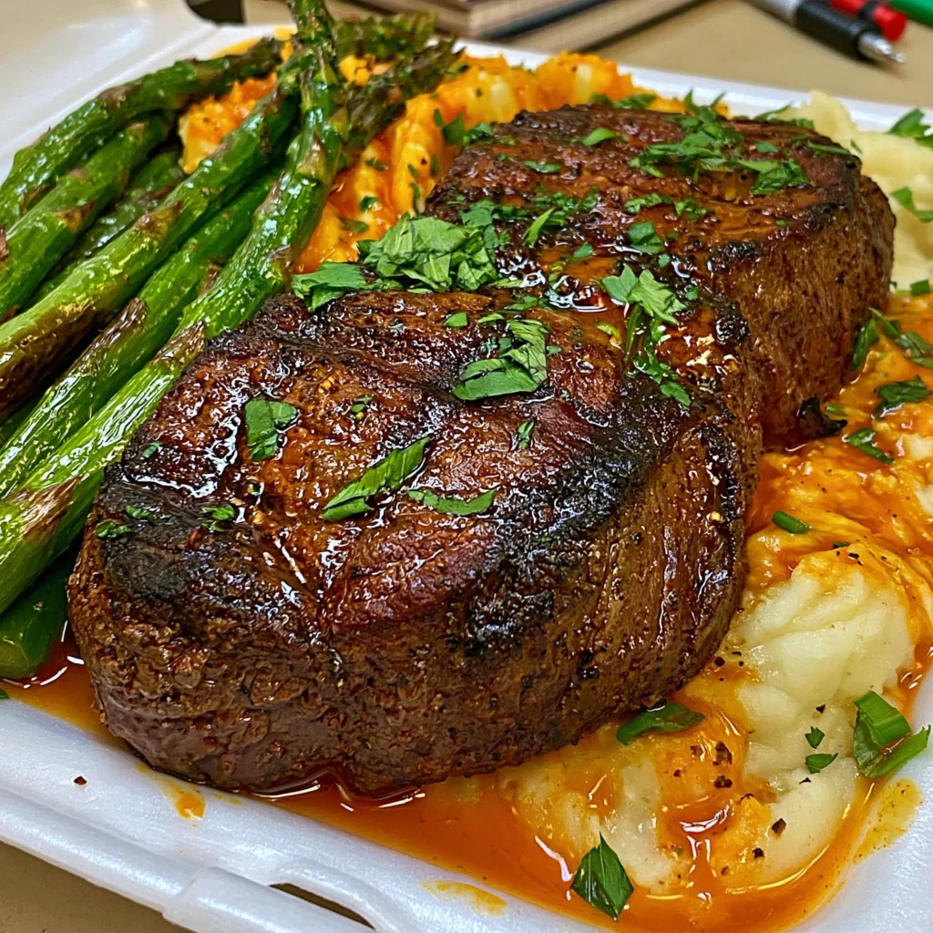 Juicy Filet Mignon with Creamy Truffle Mashed Potatoes and Roasted Asparagus