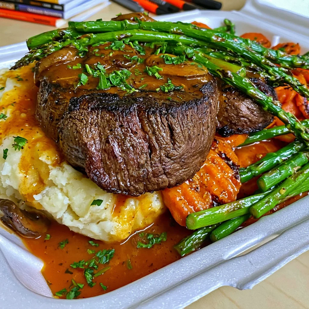 Pan-Seared Filet Mignon with Rosemary Mushroom Gravy, Buttered Mash & Grilled Asparagus