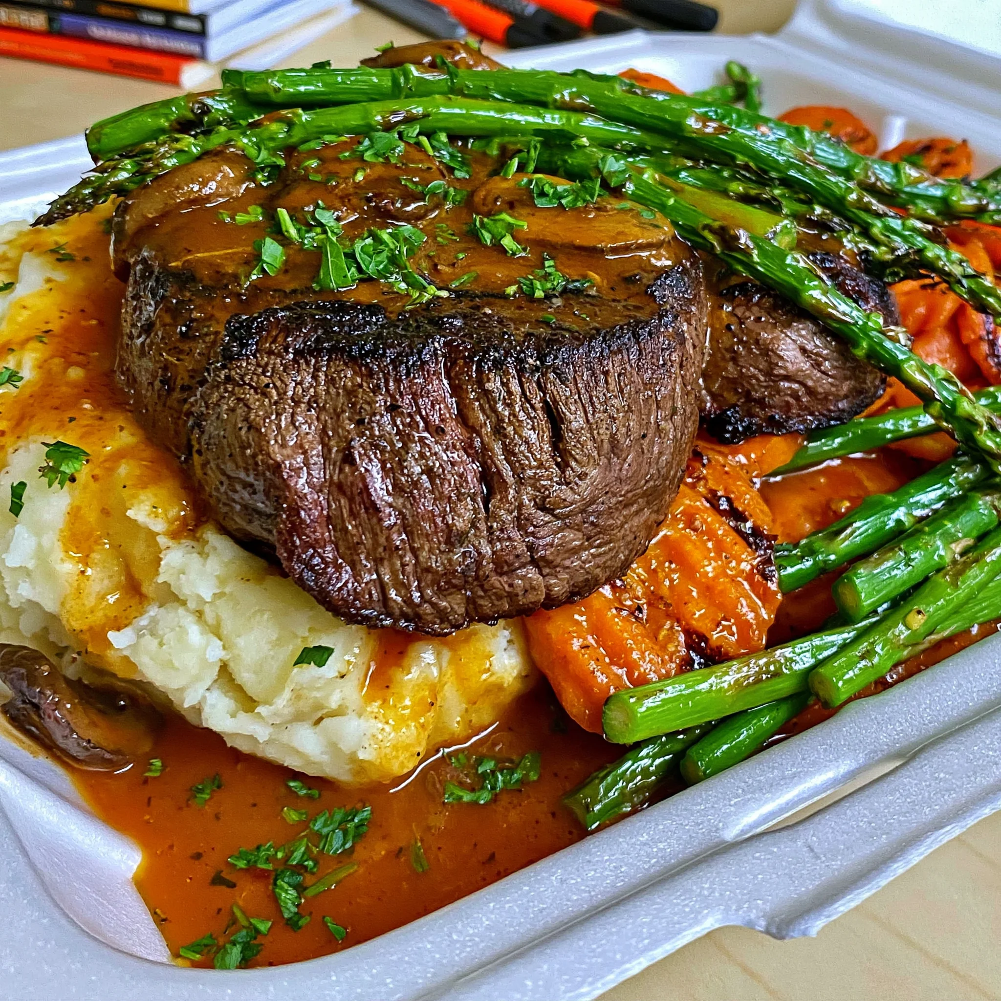 Pan-Seared Filet Mignon with Rosemary Mushroom Gravy, Buttered Mash & Grilled Asparagus