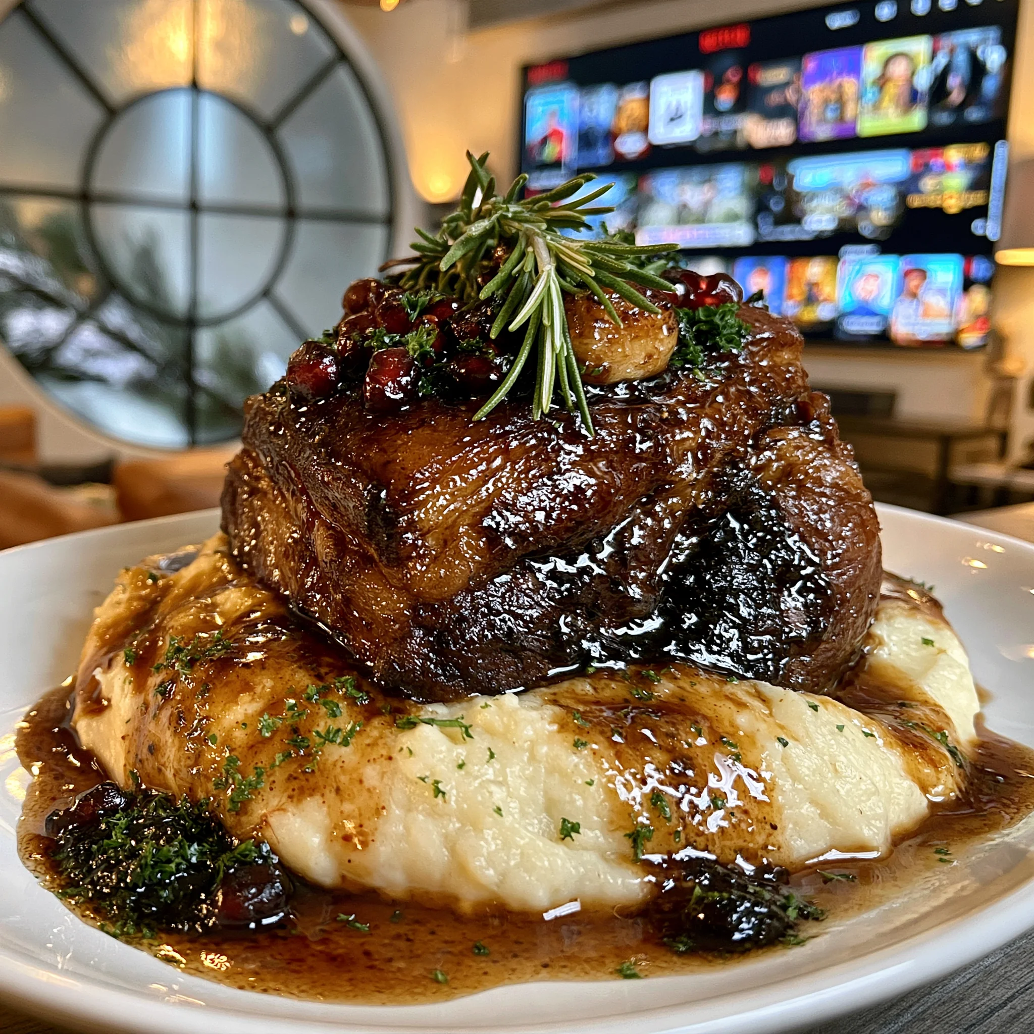 Pomegranate-Balsamic Glazed Garlic and Fresh Rosemary-Braised Lamb Shoulder with Rich Herb Pan Gravy
