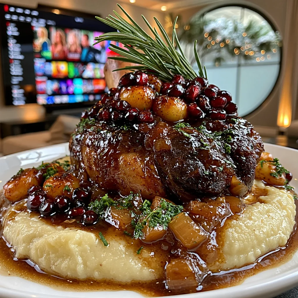 Pomegranate-Balsamic Glazed Garlic and Fresh Rosemary-Braised Veal Shank with Rich Herb Pan Gravy