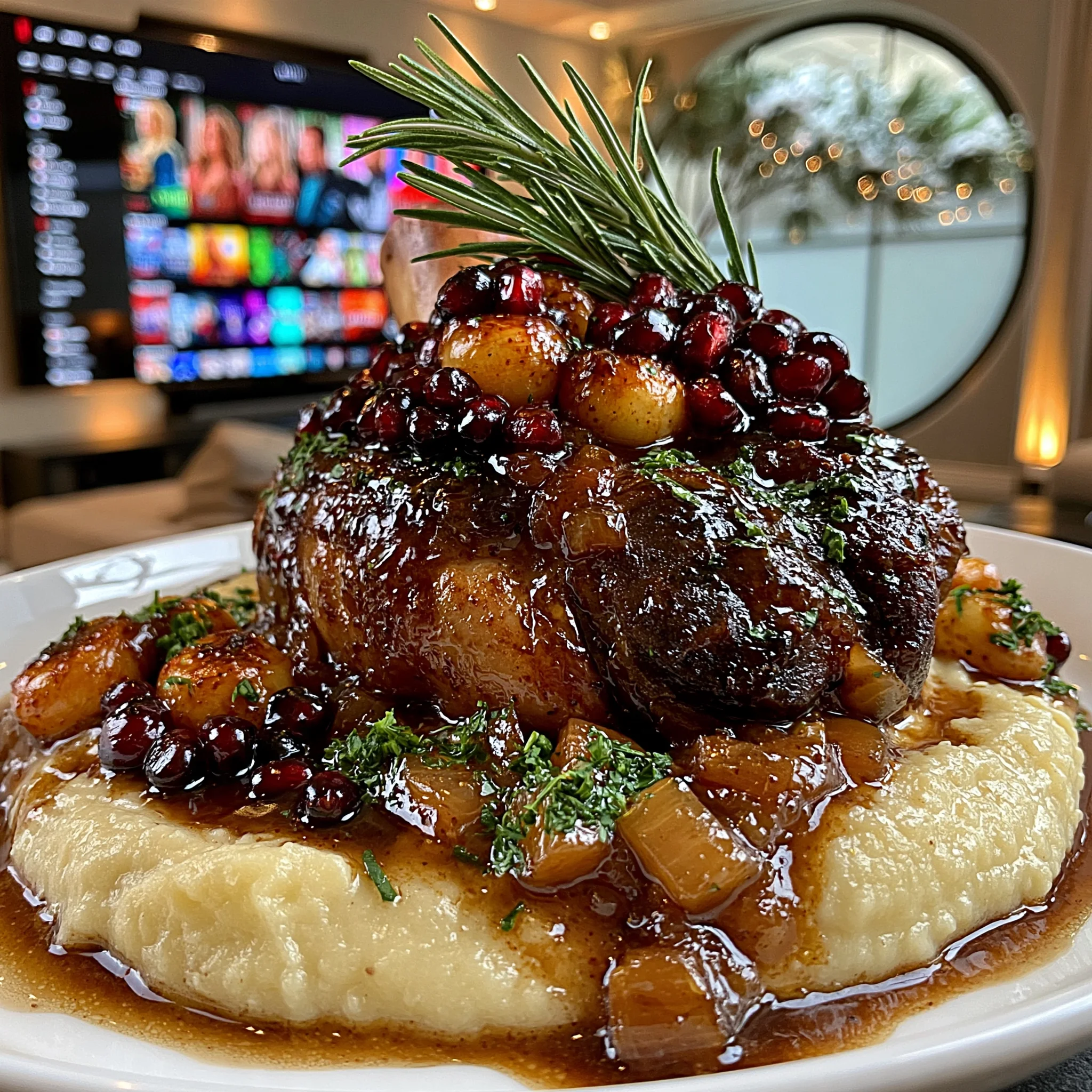 Pomegranate-Balsamic Glazed Garlic and Fresh Rosemary-Braised Veal Shank with Rich Herb Pan Gravy
