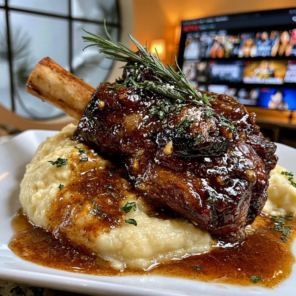 Pomegranate-Balsamic Glazed Garlic and Fresh Wild Sage-Braised Lamb Shank with Rich Bone Broth Gravy