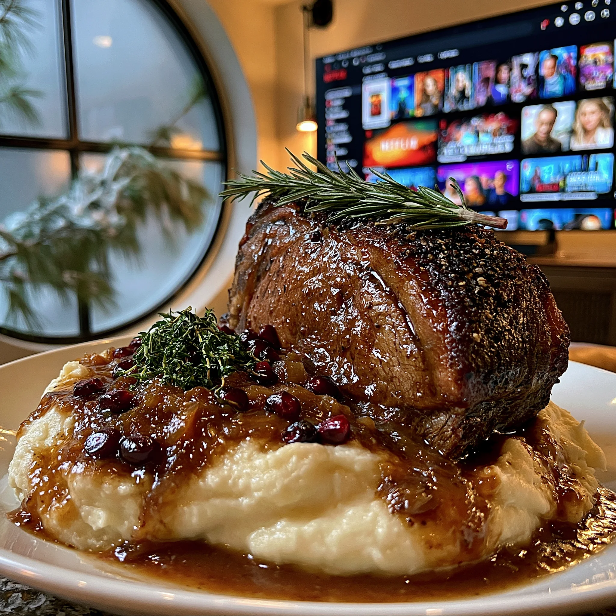 Pomegranate-Date-Glazed Charred Scallion and Cracked Tellicherry Pepper-Crusted Prime Rib with Whipped Black Garlic and Rosemary Confit Butter