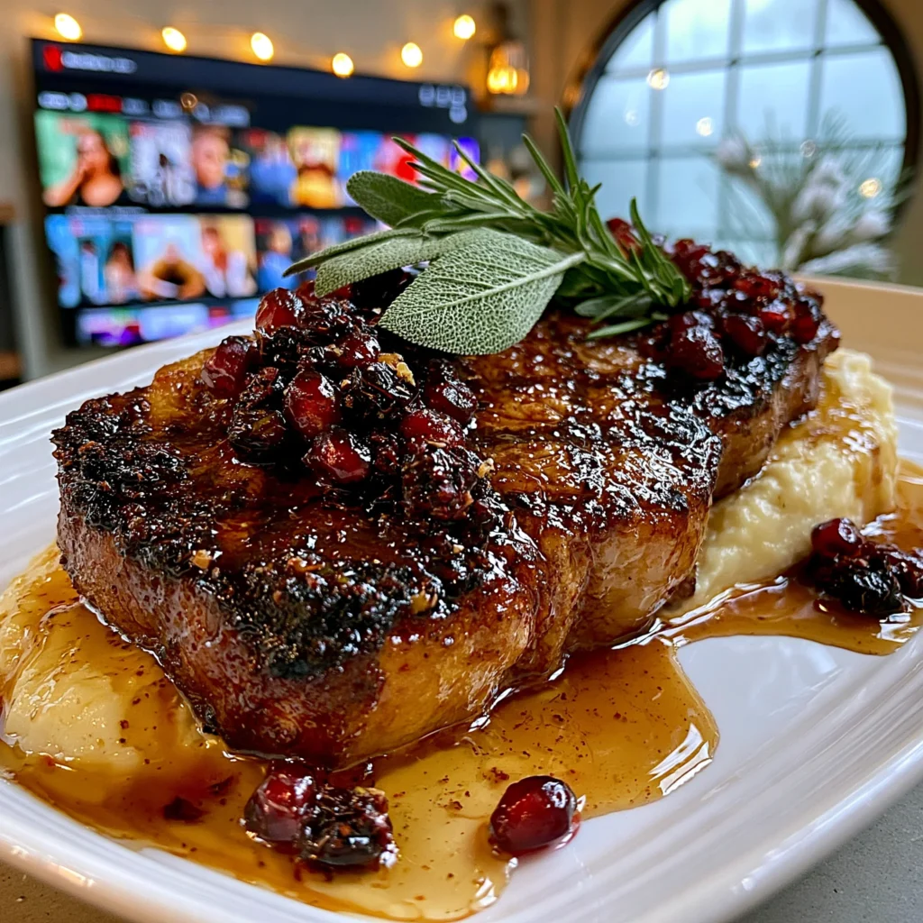 Pomegranate-Glazed Roasted Garlic and Crushed Juniper Berry-Crusted New York Strip with Velvety Whipped Brown Butter and Wild Sage