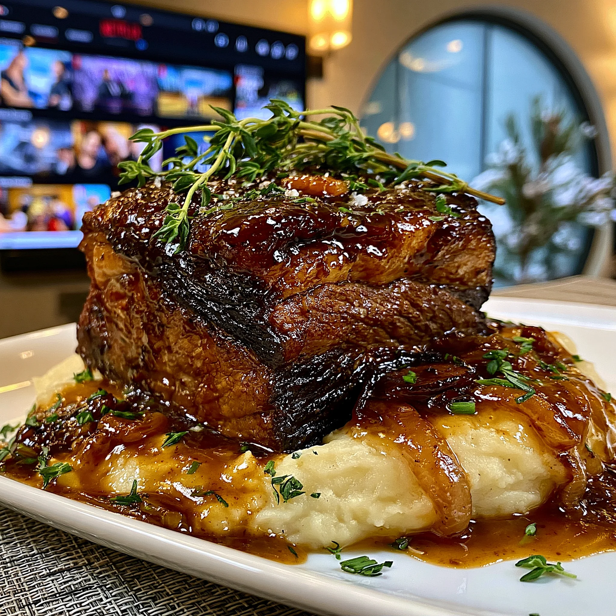 Pomegranate Molasses-Glazed Garlic and Wild Thyme-Braised Beef Brisket with a Velvety Roasted Shallot Gravy