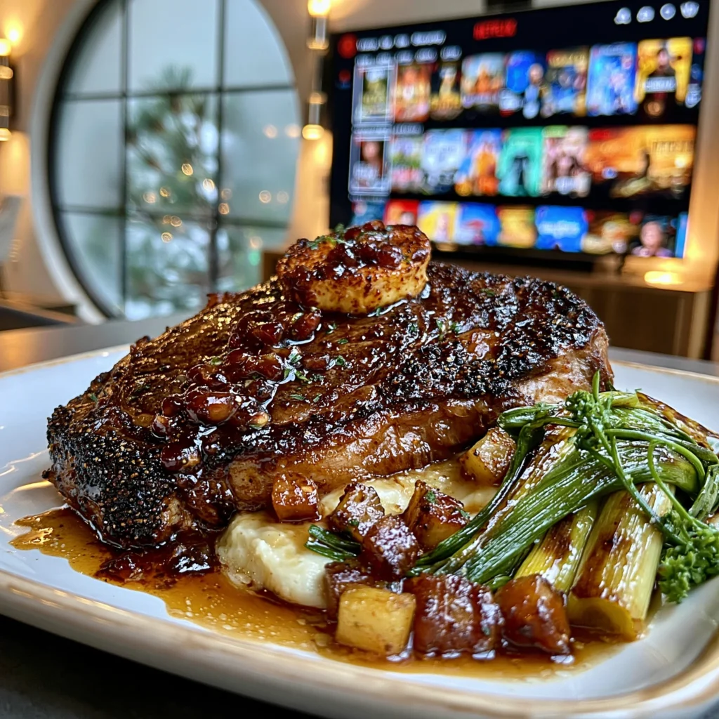 Pomegranate Molasses and Toasted Nigella Seed-Crusted Beef Ribeye with Silky Charred Leek and Smoked Paprika Compound Butter