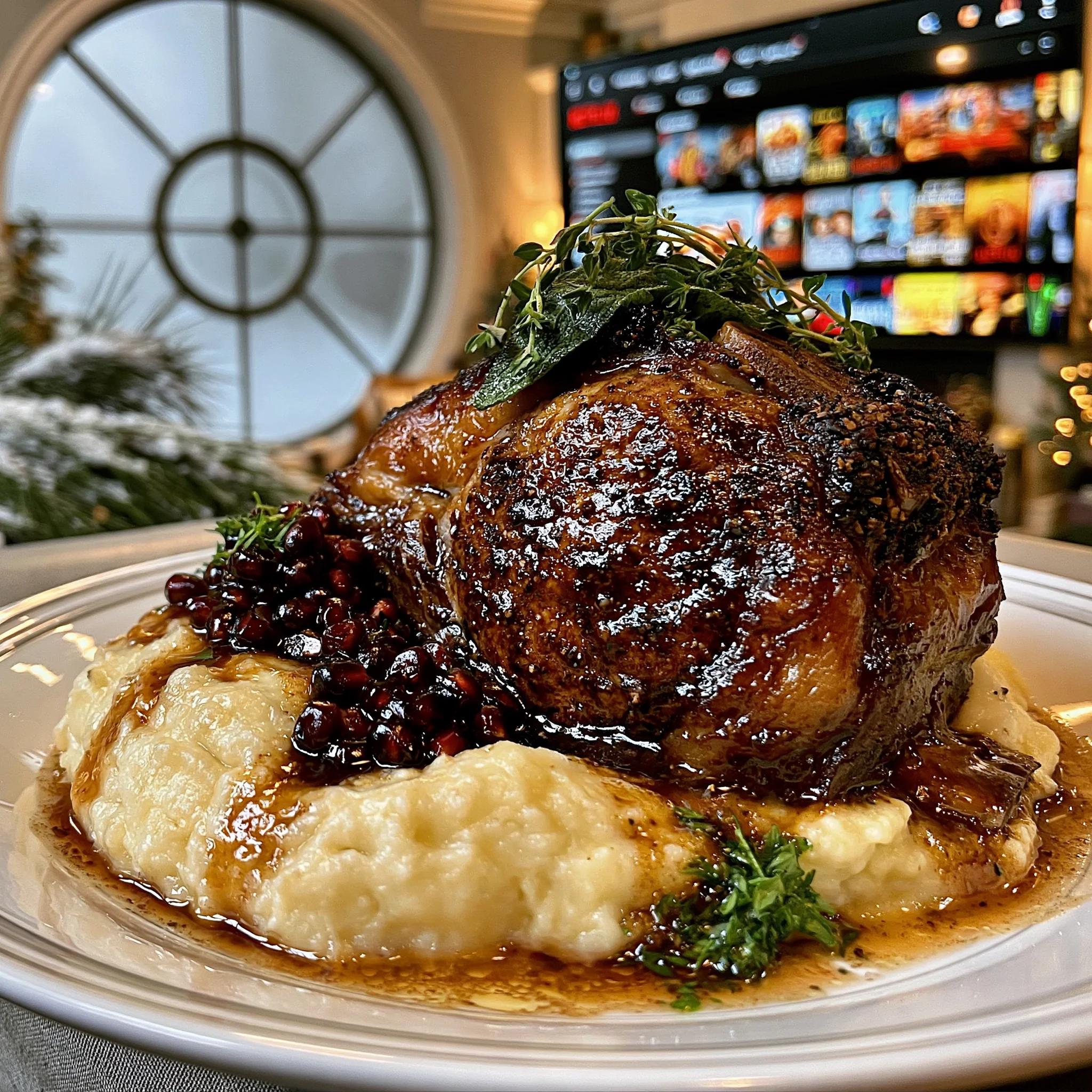Pomegranate-Verjuice-Glazed Smoked Garlic and Cracked Tellicherry Pepper-Crusted Prime Rib with Velvety Roasted Marrow and Thyme Compound Butter