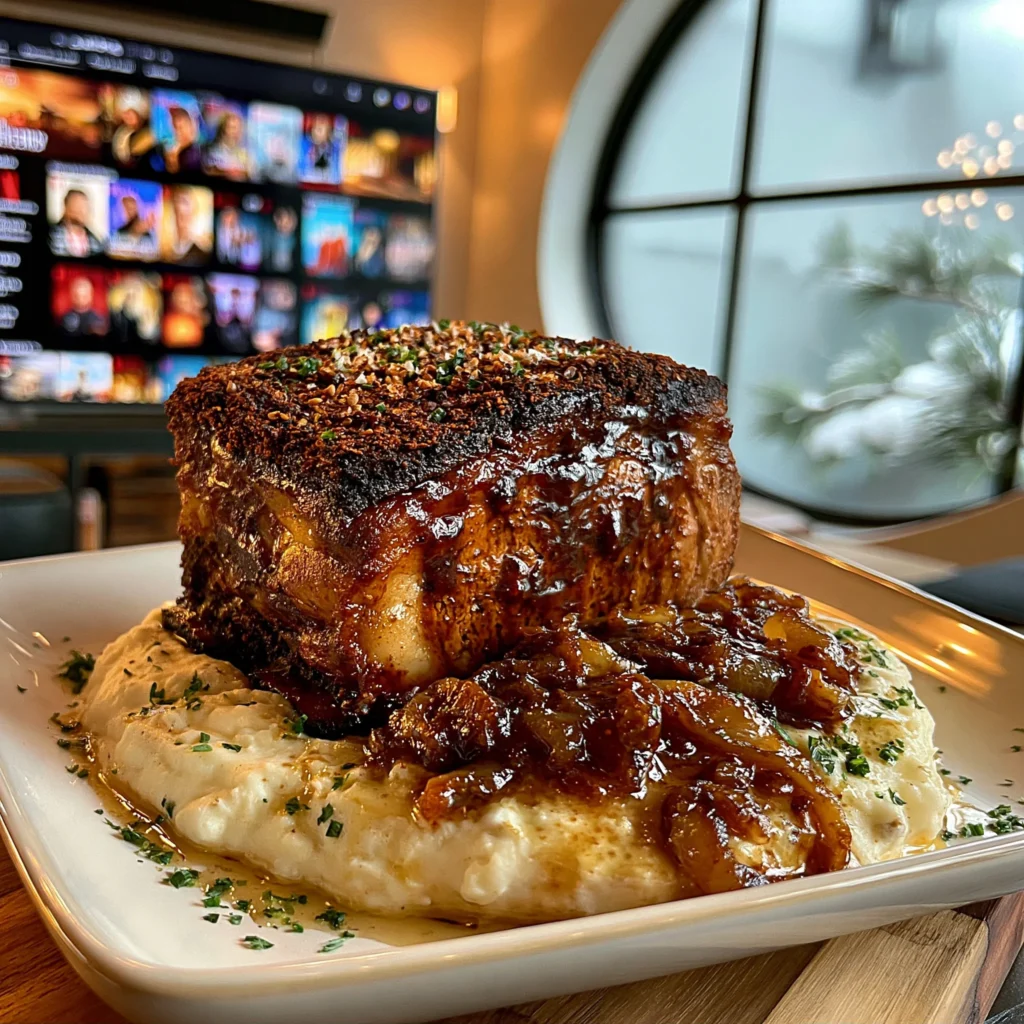 Smoked Ancho Chili and Toasted Coriander-Crusted Prime Rib Roast with Caramelized Shallot Compound Butter