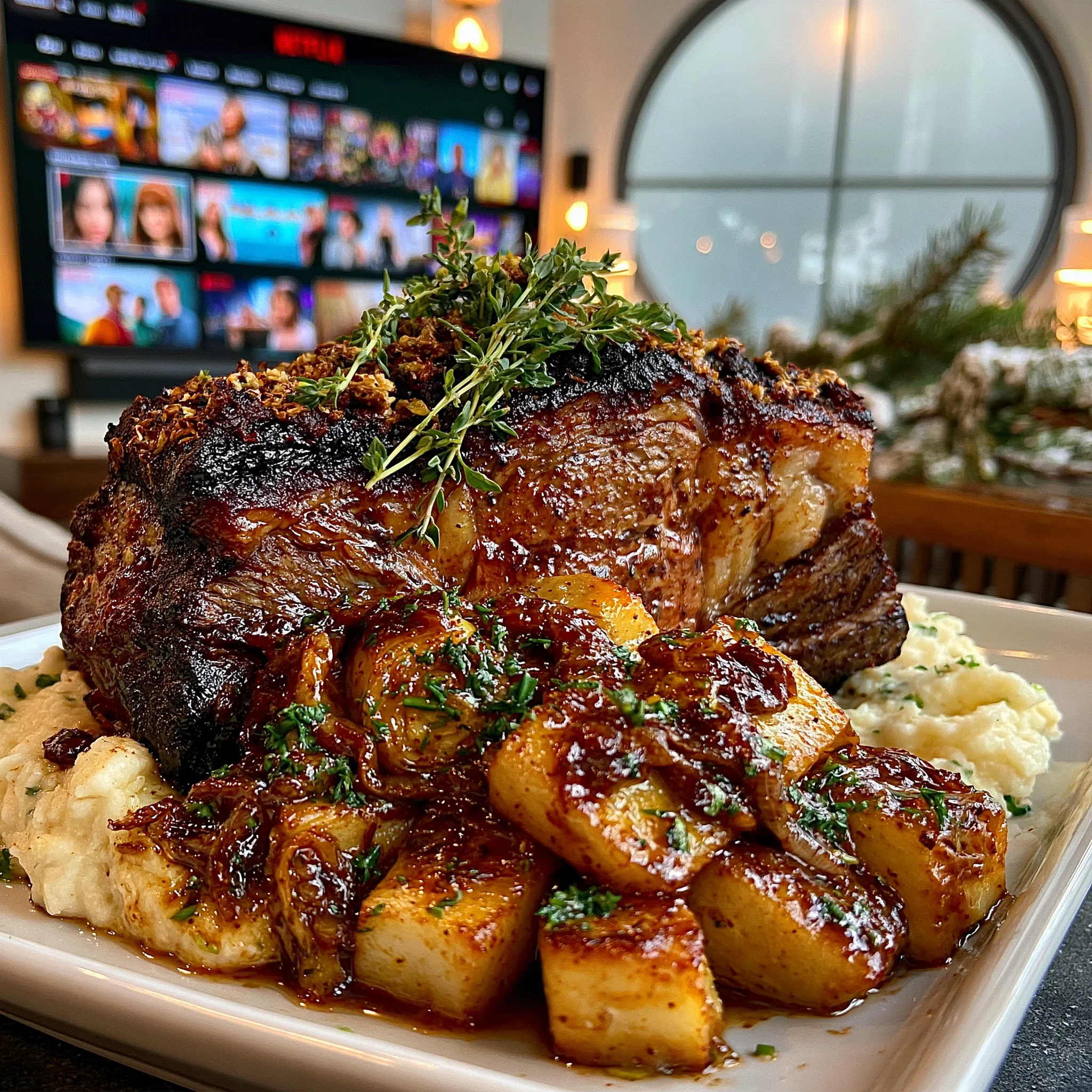 Smoked Ancho Chili and Toasted Fennel-Crusted Prime Rib Roast with Caramelized Leek Compound Butter