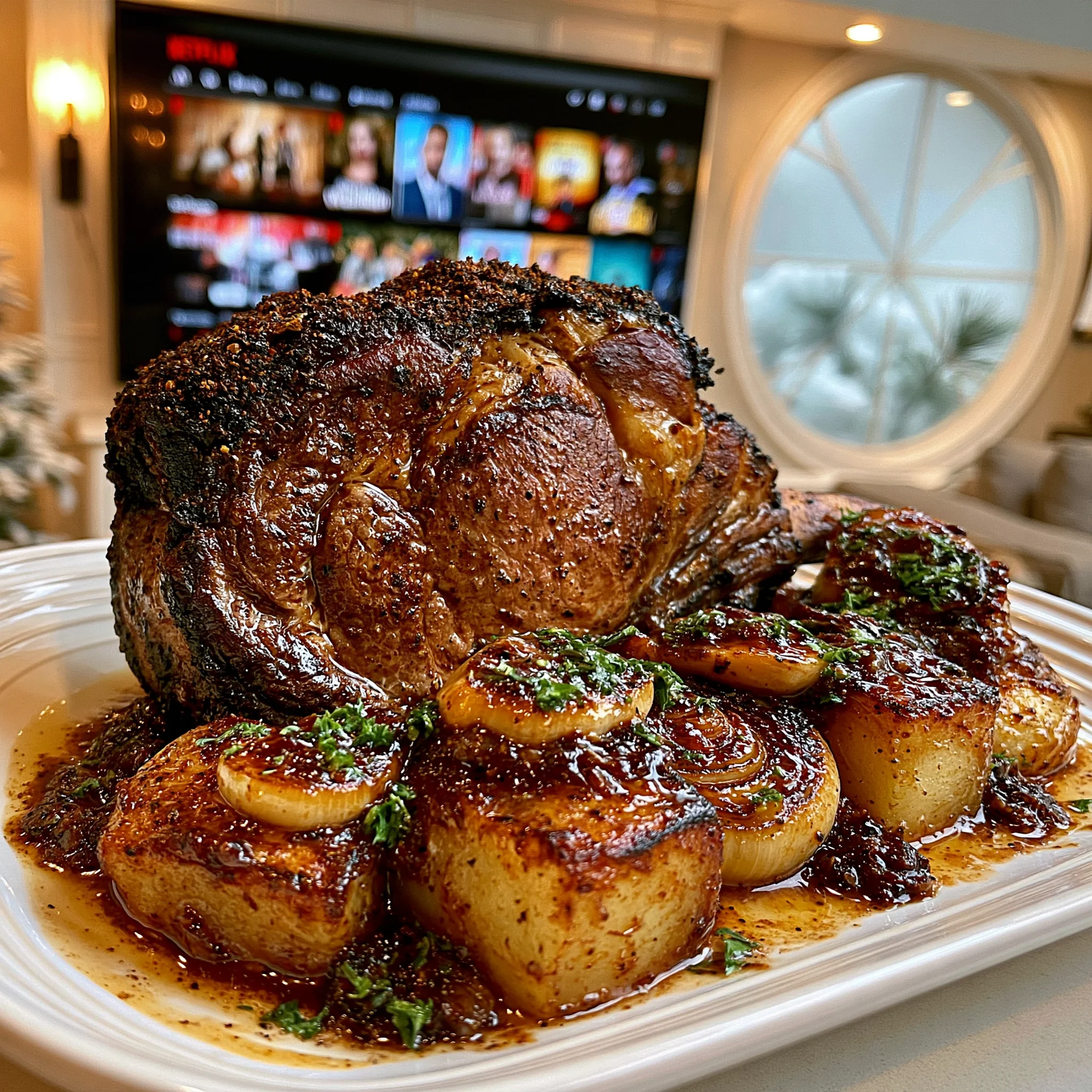 Smoked Chipotle and Toasted Cumin-Crusted Prime Rib Roast with Caramelized Garlic Compound Butter