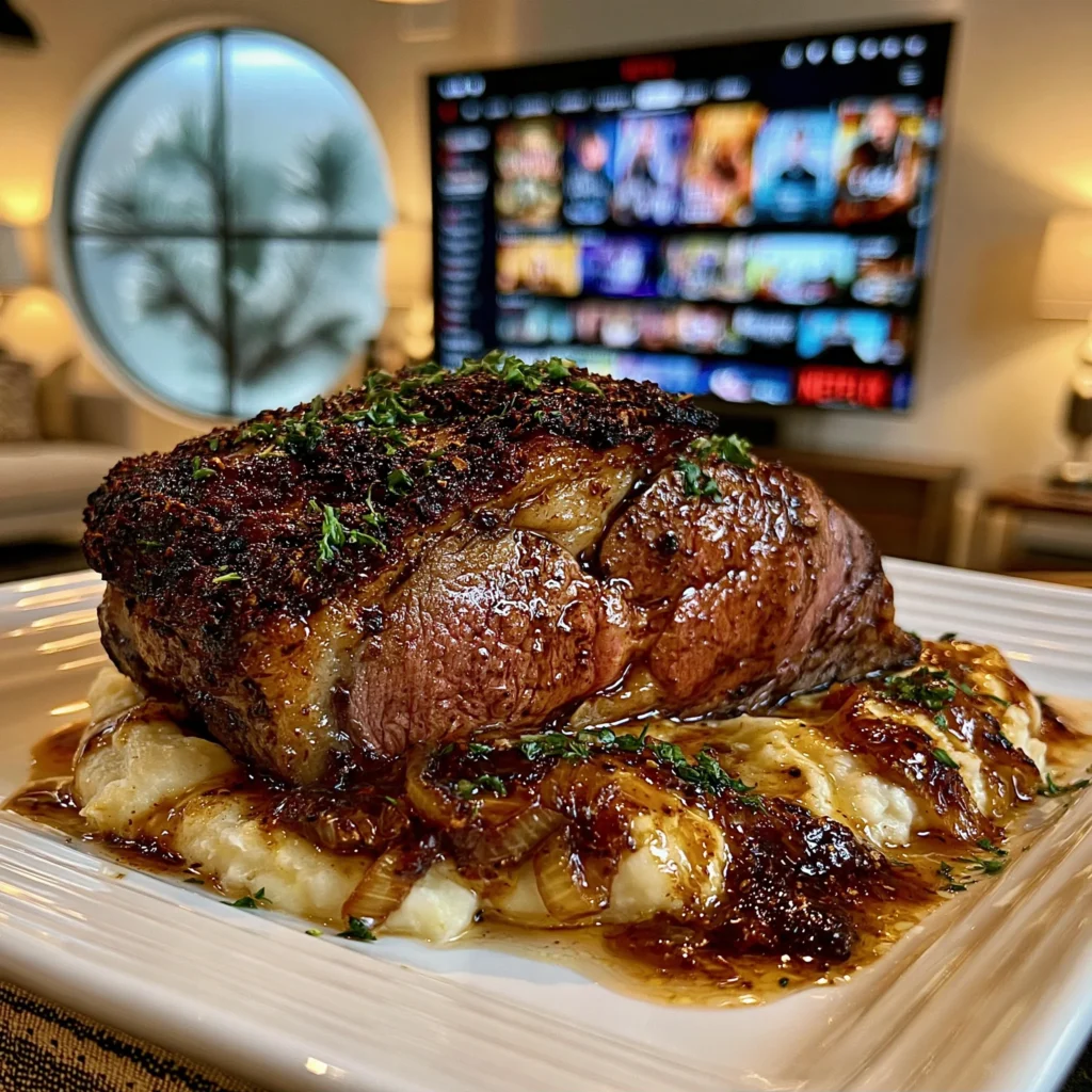 Smoked Guajillo Chili and Toasted Cumin-Crusted Prime Rib Roast with Caramelized Leek Compound Butter