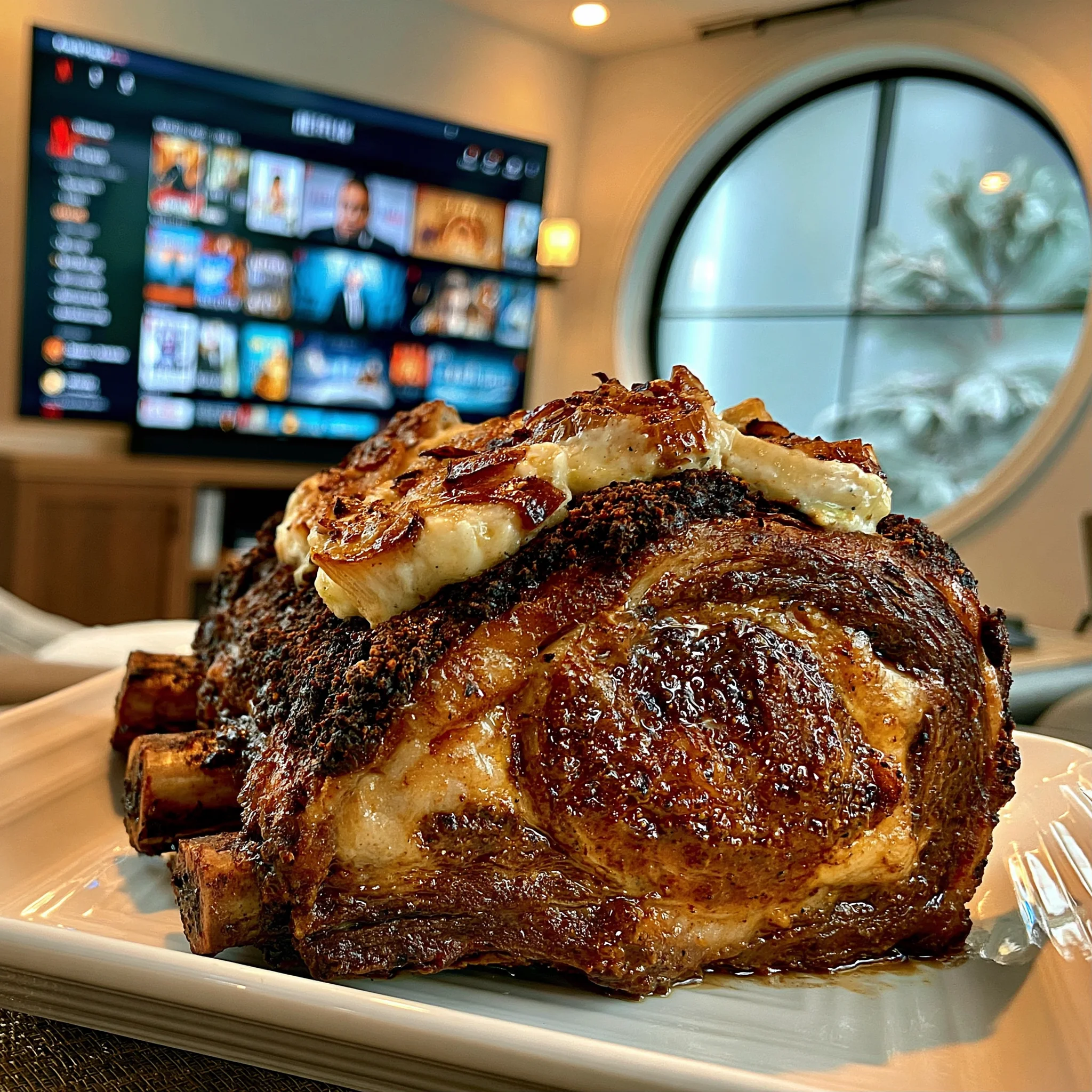 Smoked Mulato Chili and Toasted Cumin-Crusted Prime Rib Roast with Caramelized Leek Compound Butter