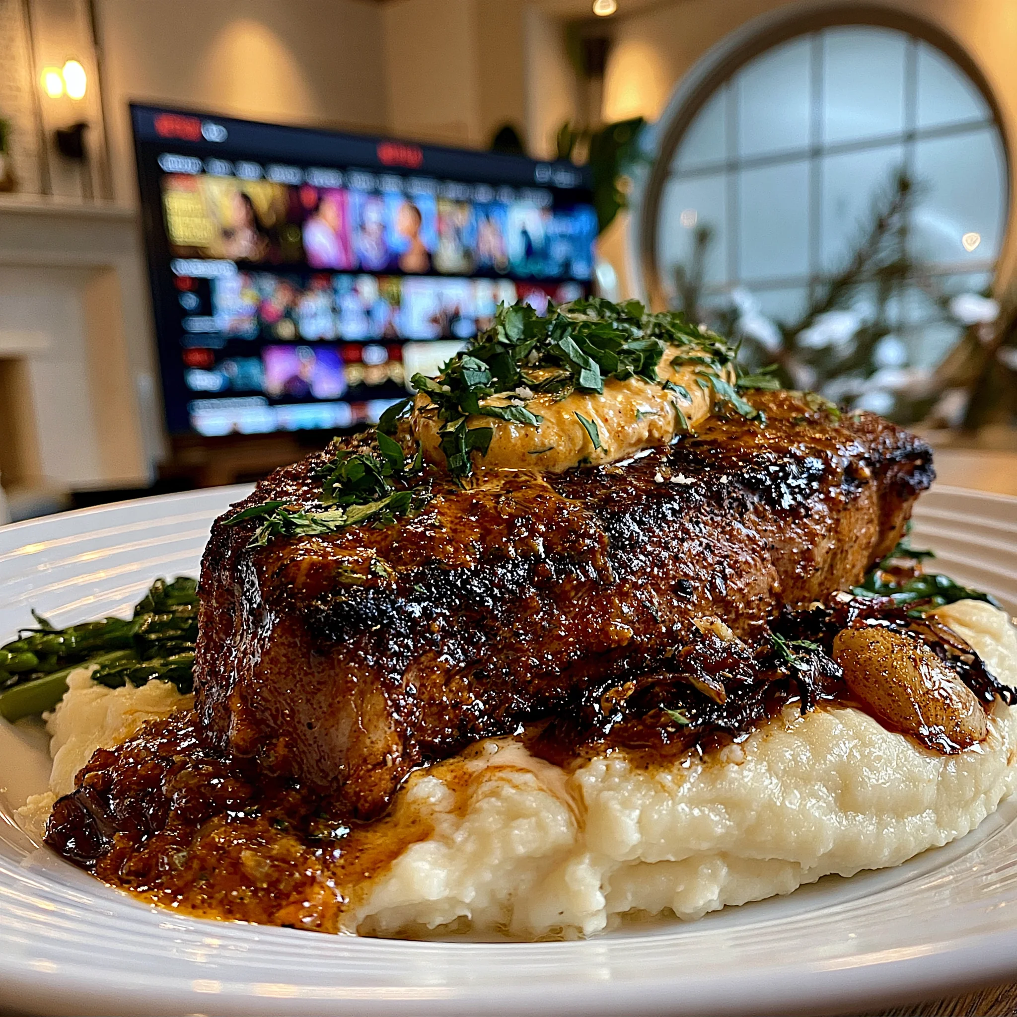 Smoked Paprika and Charred Garlic-Crusted New York Strip with Velvety Roasted Red Pepper and Herb Compound Butter