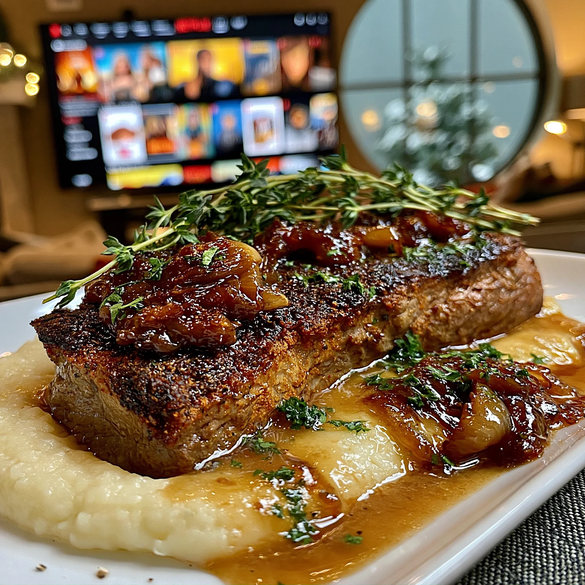 Smoked Paprika and Toasted Caraway-Crusted Beef Strip Loin with Caramelized Shallot and Herb Butter