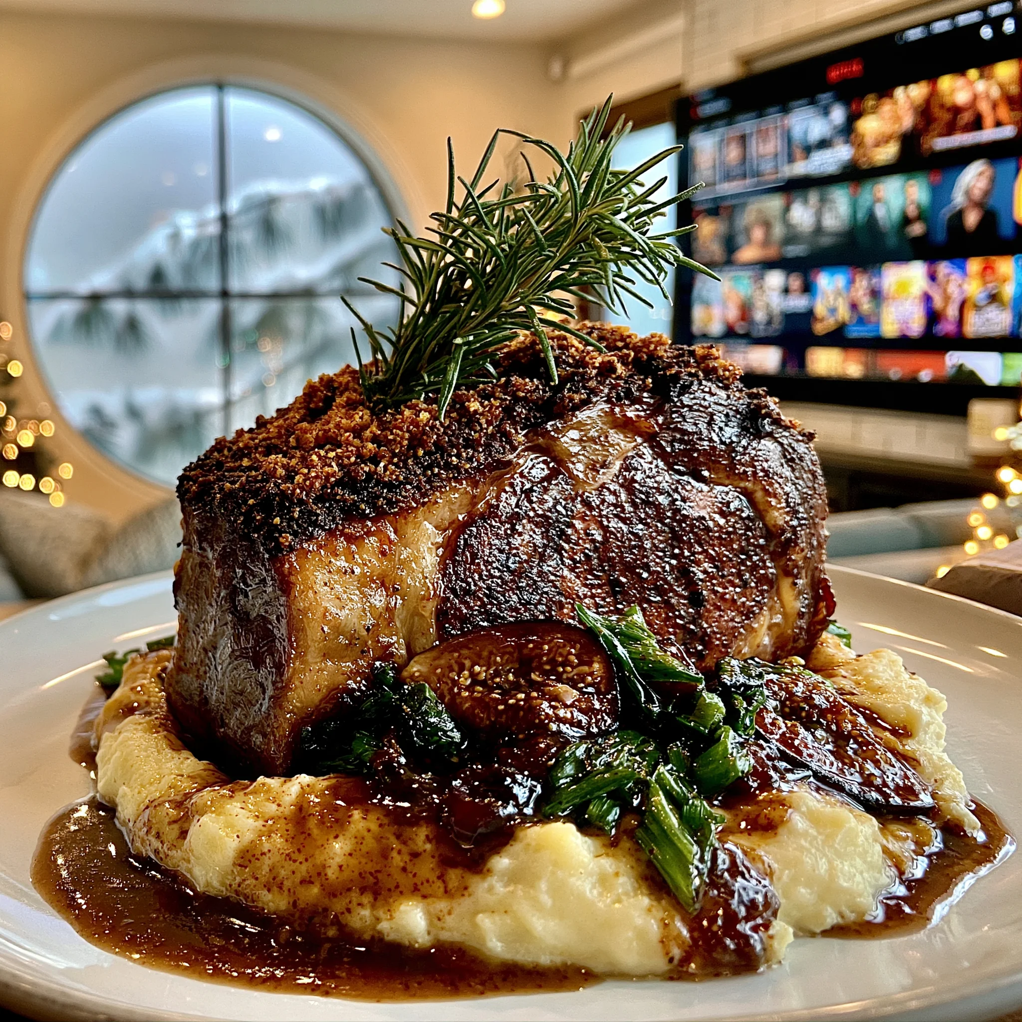 Sour Cherry and Fig-Glazed Toasted Coriander and Smoked Cumin-Crusted Prime Rib with Whipped Saffron and Charred Scallion Confit Butter