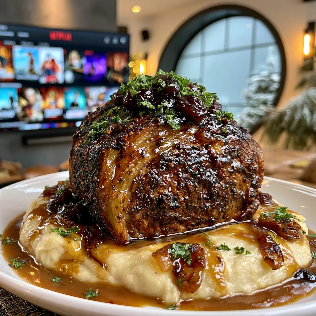 Sour Cherry and Pomegranate-Glazed Charred Fennel and Crushed Mahlab-Crusted Prime Rib with Velvety Saffron and Roasted Garlic Pan Gravy