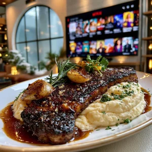 Tamarind-Glazed Charred Spring Onion and Smoked Cumin-Crusted New York Strip with Whipped Black Garlic and Herb Confit Butter