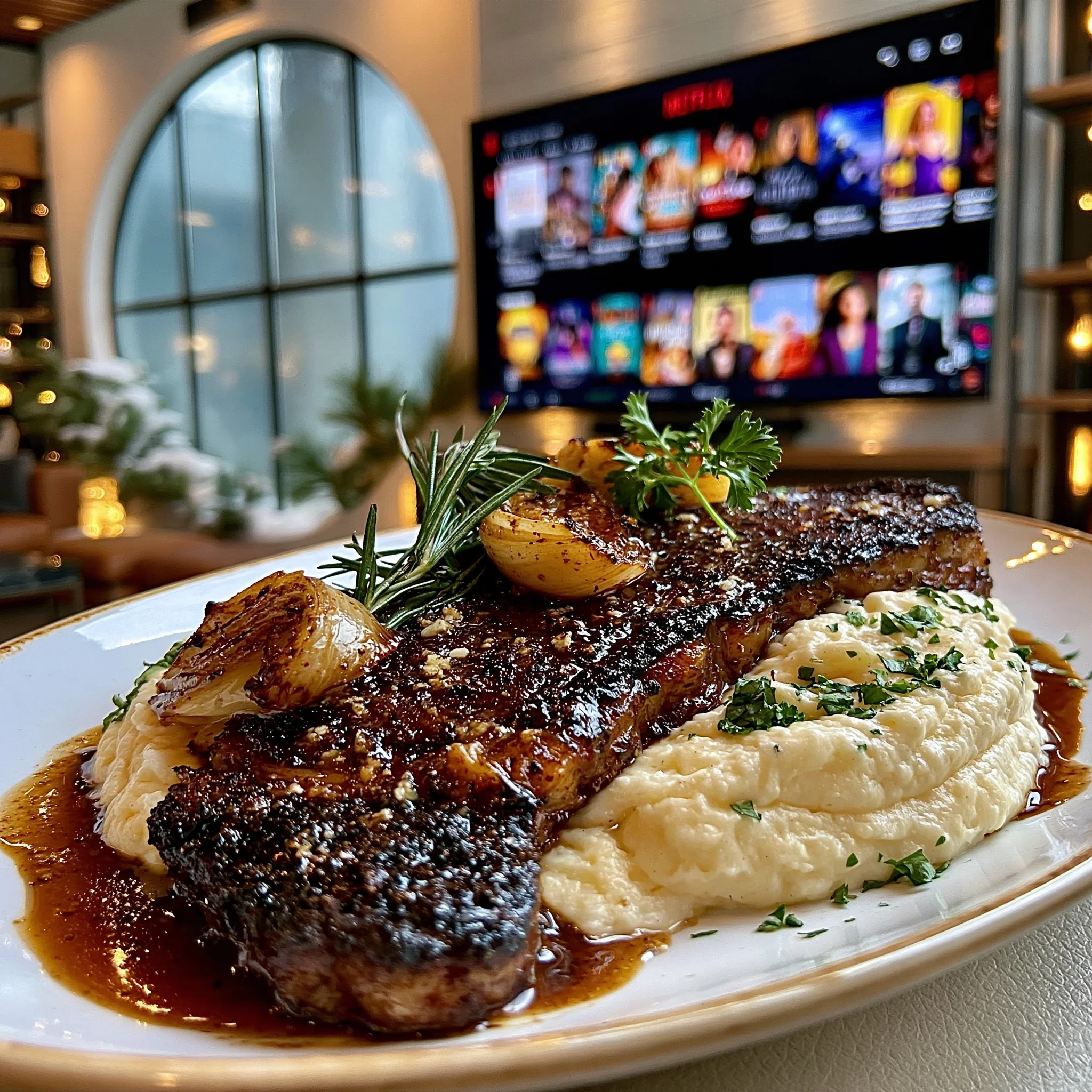 Tamarind-Glazed Charred Spring Onion and Smoked Cumin-Crusted New York Strip with Whipped Black Garlic and Herb Confit Butter