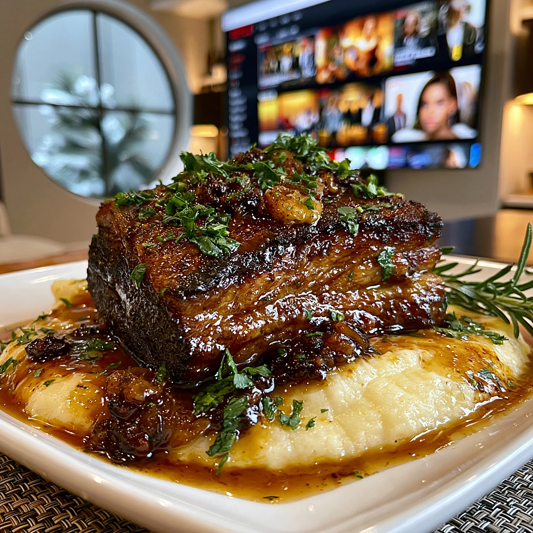 Tart Black Currant and Roasted Garlic-Glazed Braised Beef Brisket with Velvety Herb Pan Gravy