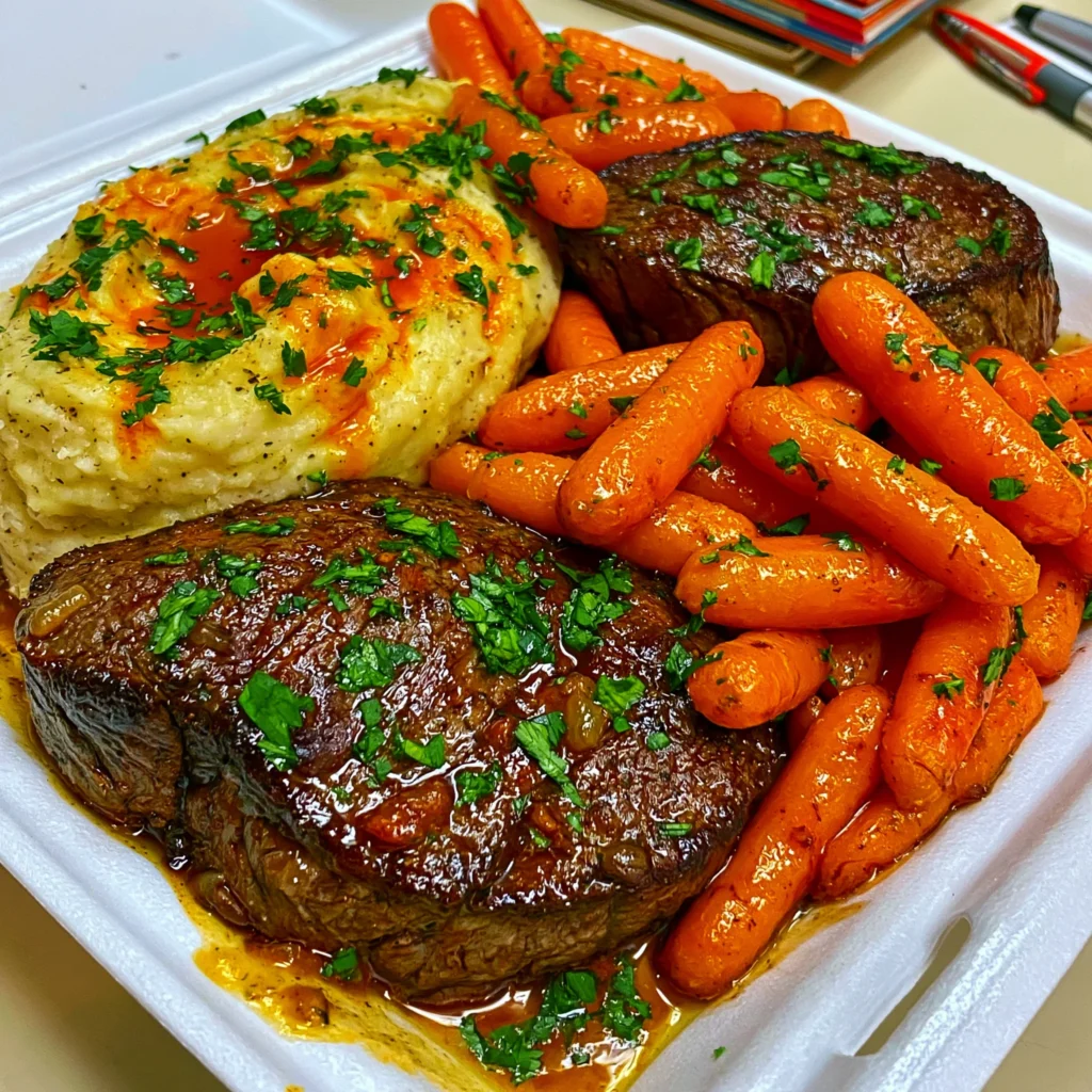 Tart Cherry and Aged Fig Molasses-Glazed Pan-Seared Beef Filet Mignon with Truffle-Infused Parsnip Mash & Glazed Baby Carrots