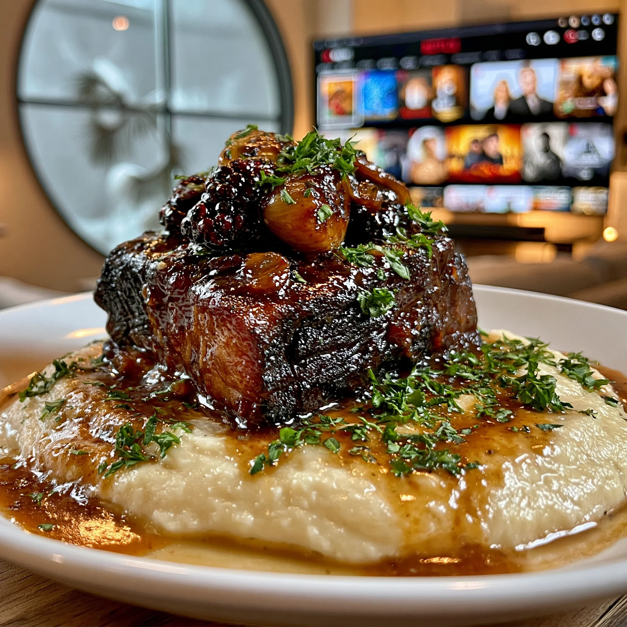 Tart Wild Blackberry and Roasted Garlic-Glazed Braised Beef Brisket with Velvety Herb Pan Gravy