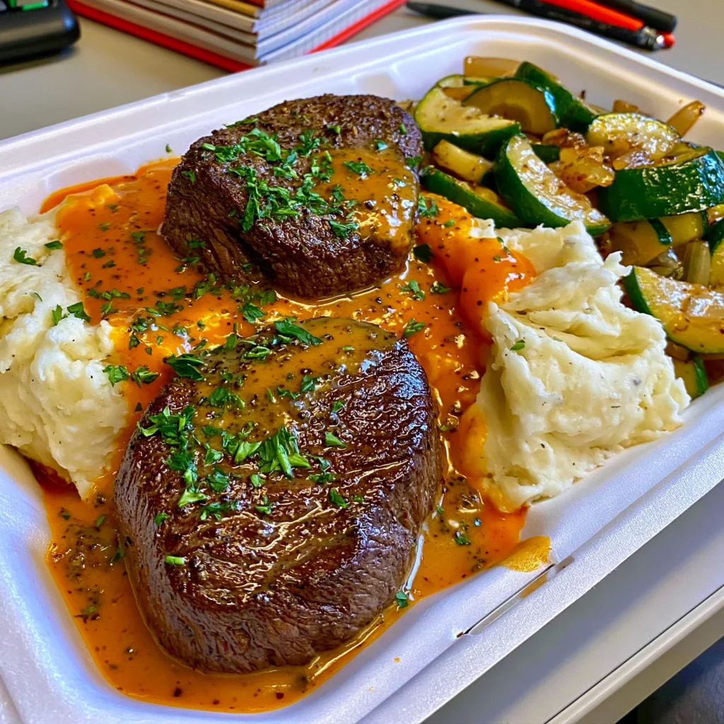 Tenderloin Steak Medallions with Creamy Peppercorn Sauce, Mashed Potatoes & Sautéed Zucchini