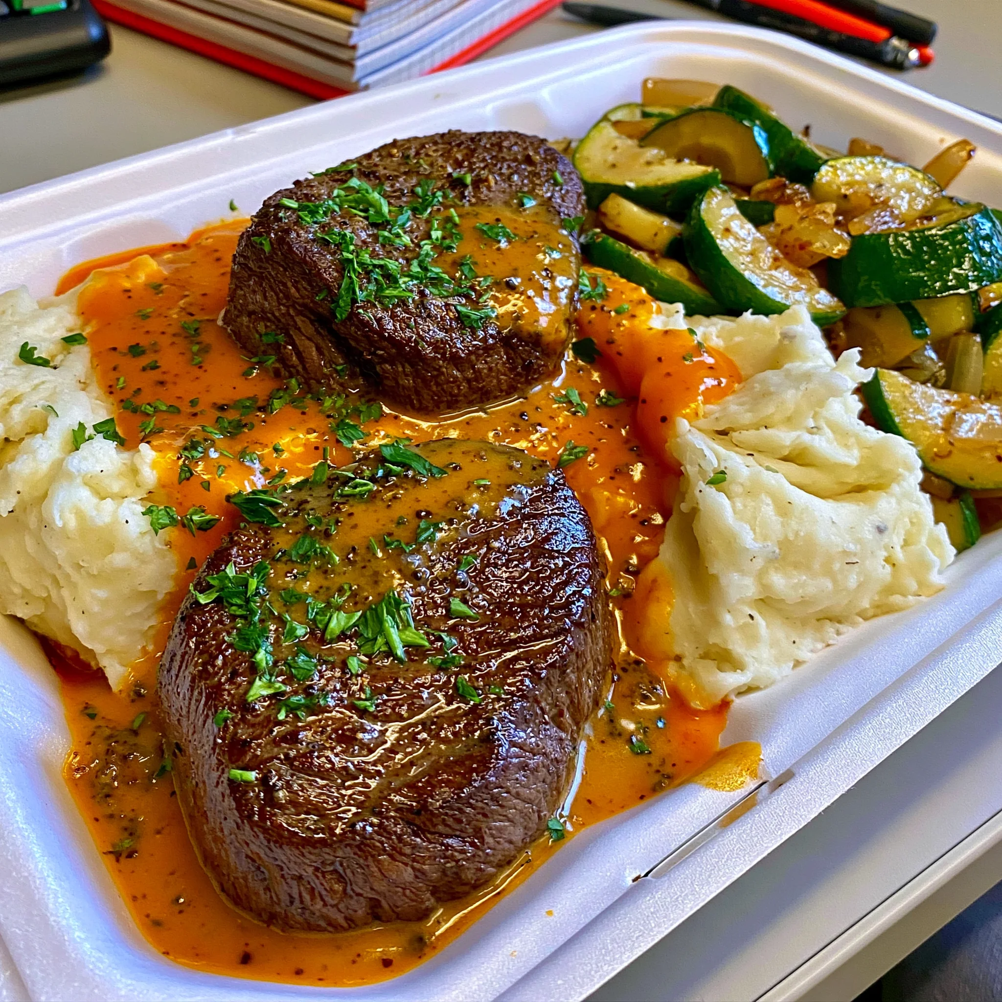Tenderloin Steak Medallions with Creamy Peppercorn Sauce, Mashed Potatoes & Sautéed Zucchini