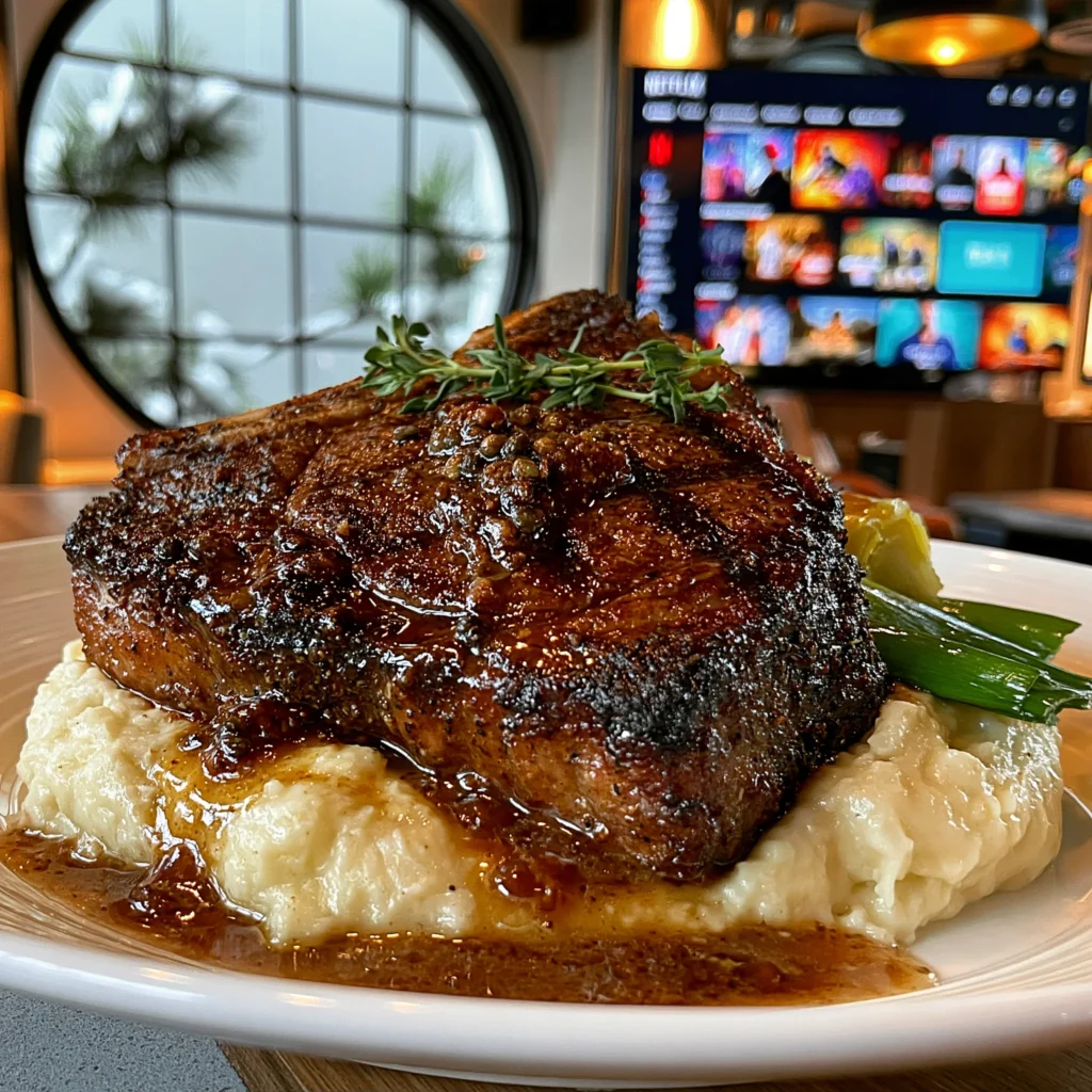 Toasted Allspice and Cracked Green Peppercorn-Crusted Beef Ribeye with Fire-Roasted Leek Confit Butter